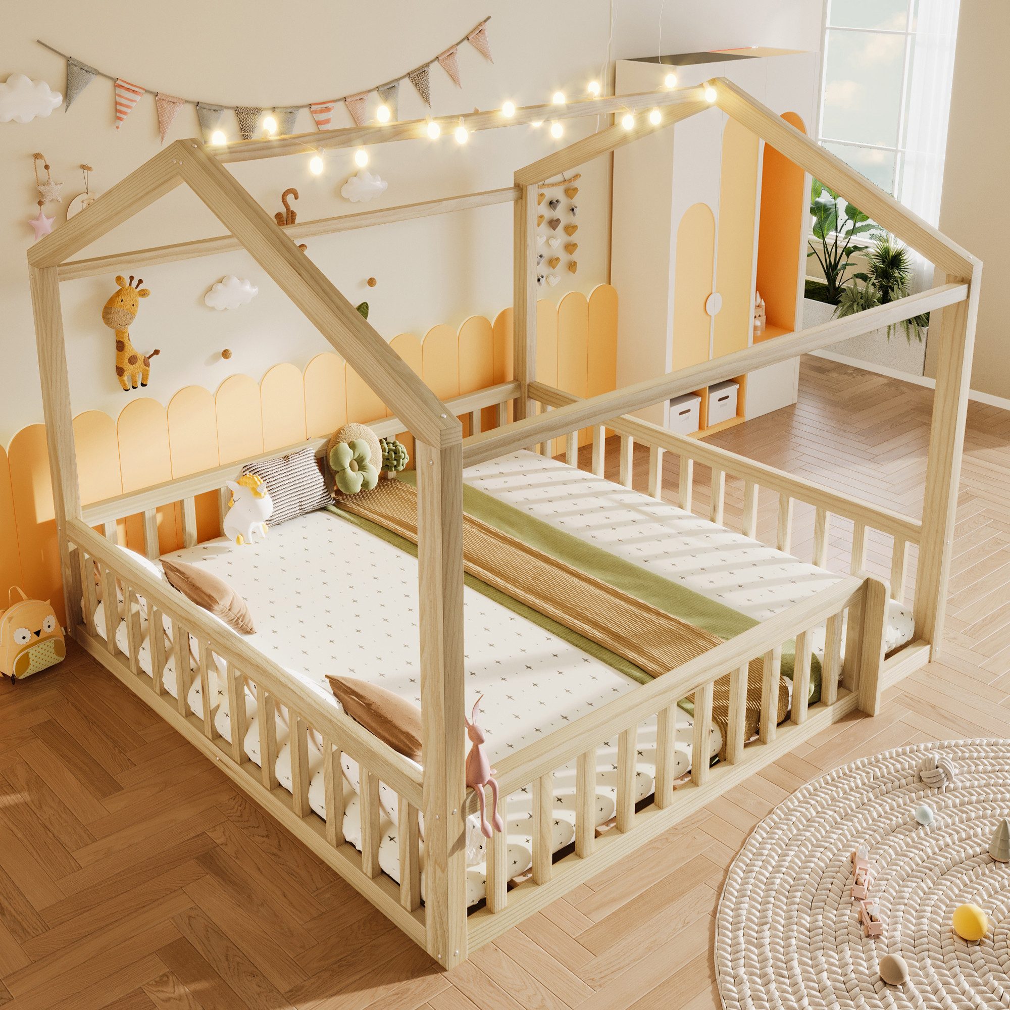 Flieks Massivholzbett, Kinderbett 90x190cm*2 oder 180x190cm*1 mit Gitter und Lattenrost