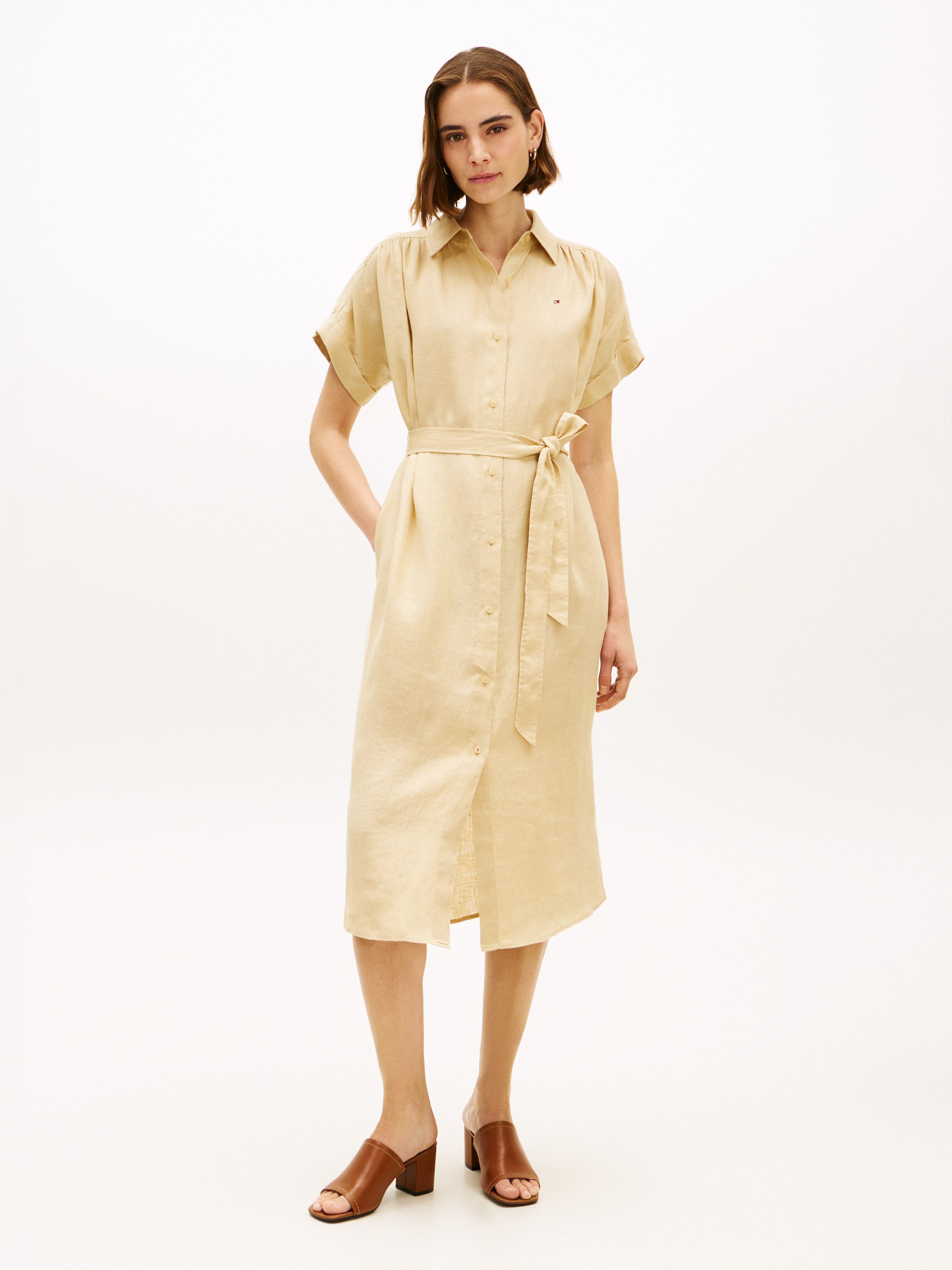 Tommy Hilfiger Hemdblusenkleid LINEN BELTED KNEE SS SHIRT DRESS mit Bindegürtel