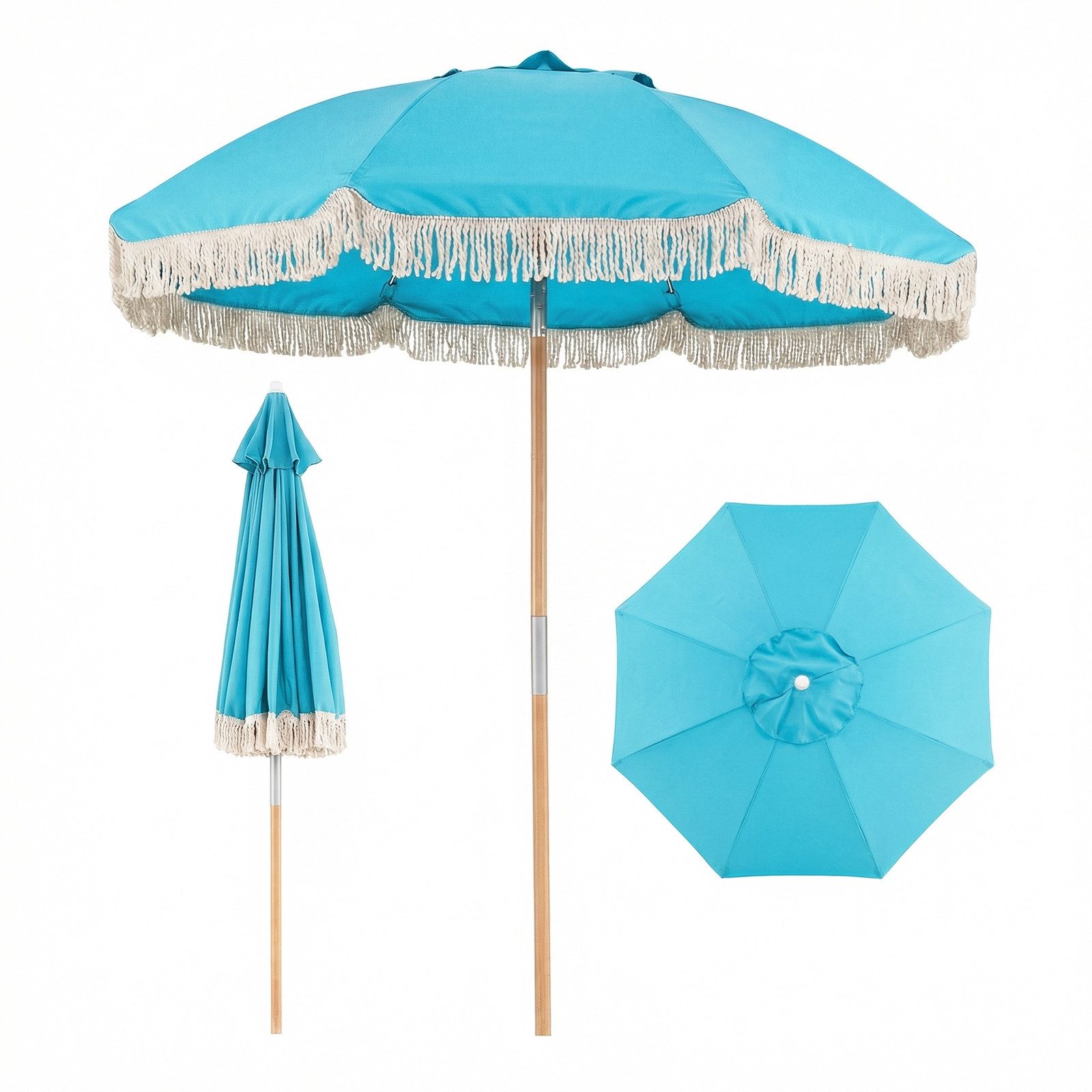 COSTWAY Sonnenschirm, Ø 170cm Gartenschirm Boho aus Holz, um 30° knickbar