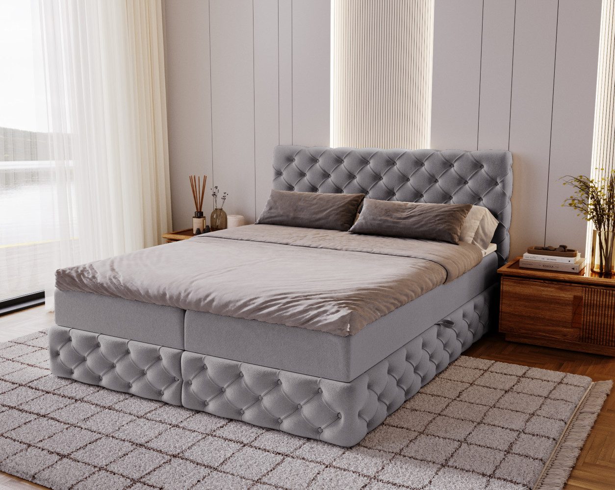 Kaiser Möbel Boxspringbett Chesterfield-Kontinentalbett Luxury Stoff Royal Velvet, Bettkasten und Topper und Matratze