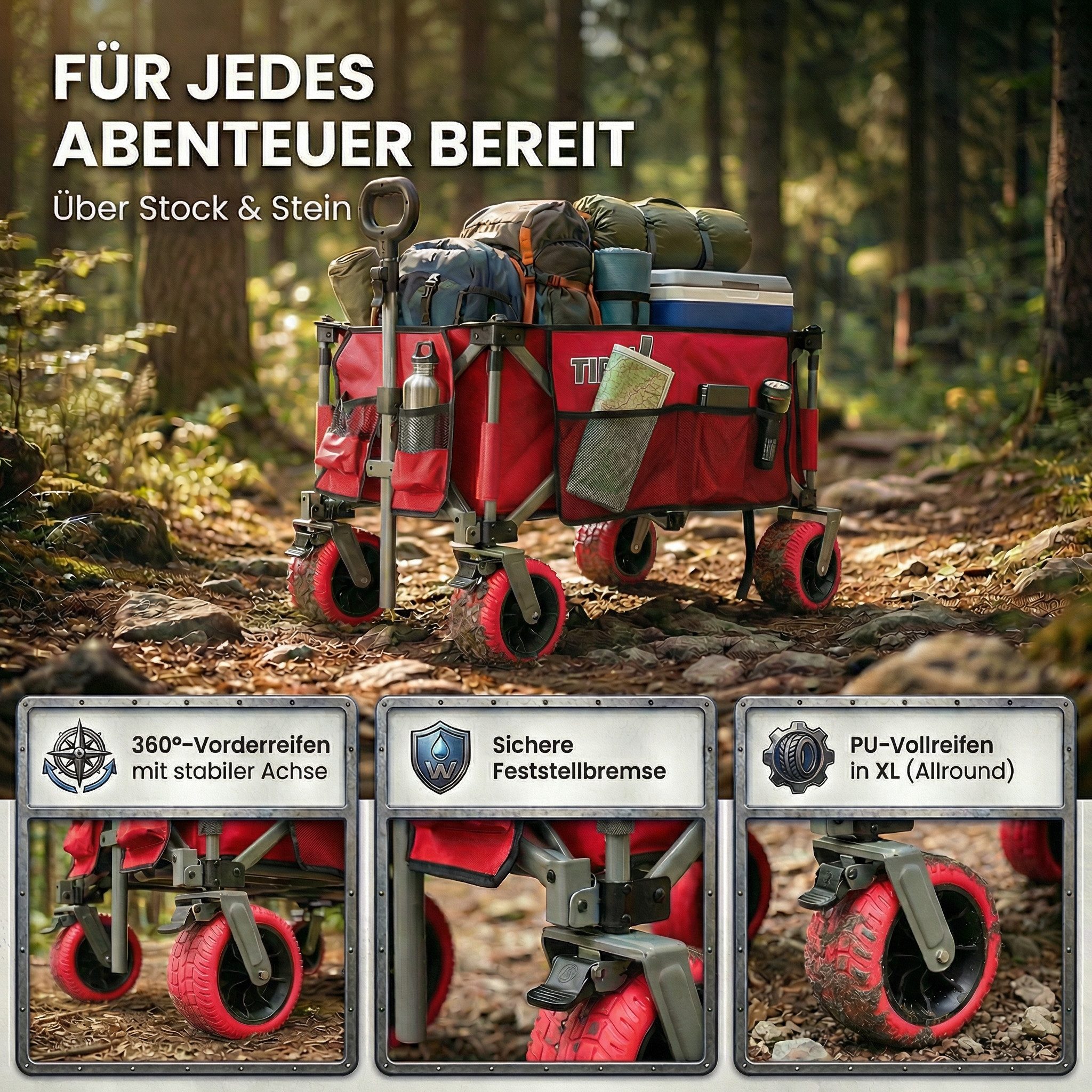 Xonic Bollerwagen TIREX by xonic® Bollerwagen Faltbar PU XL Rädern Fußbremse (Rot)