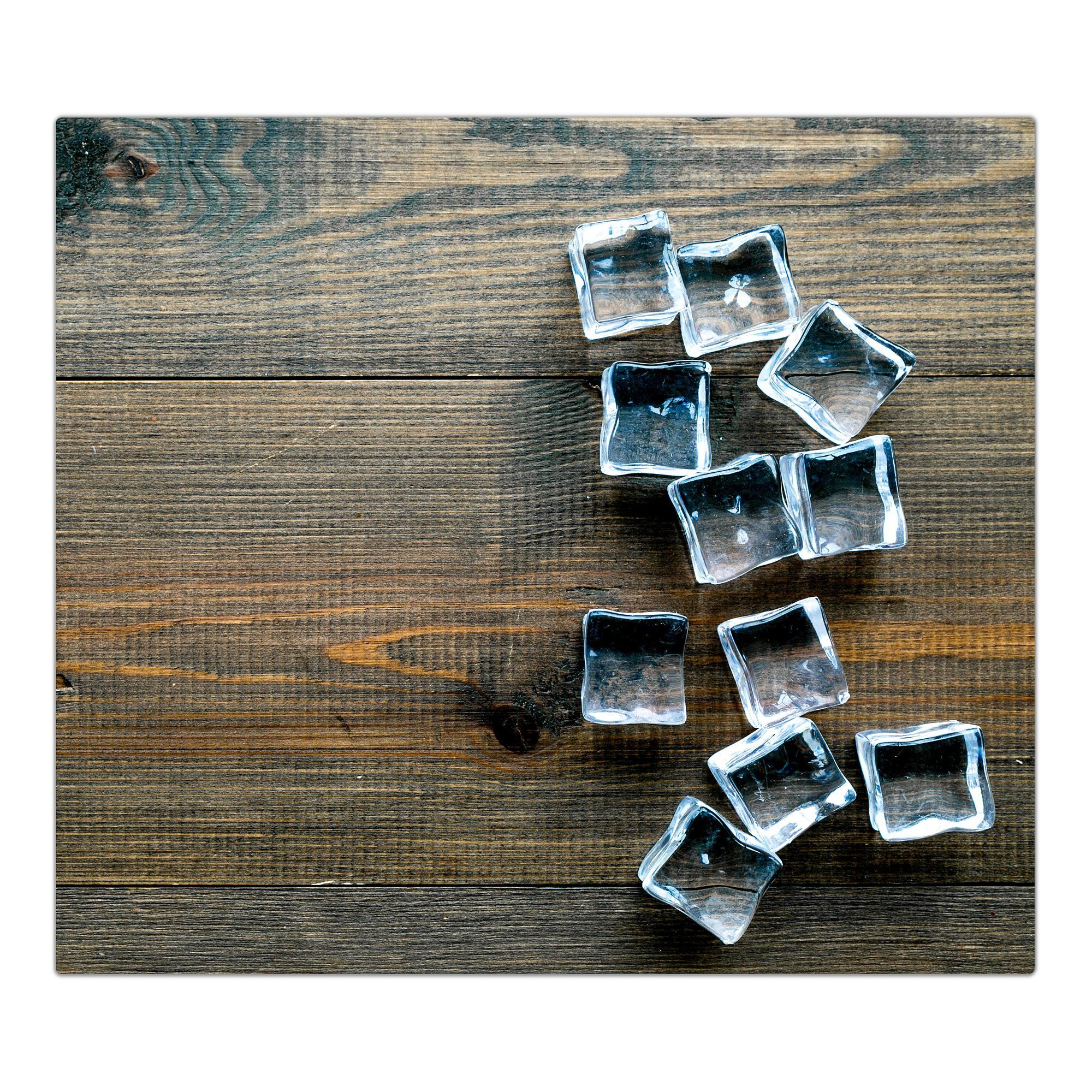 Primedeco Herd-Abdeckplatte Herdabdeckplatte Spritzschutz aus Glas Eiswürfel auf Holztisch, Glas, (1 tlg)