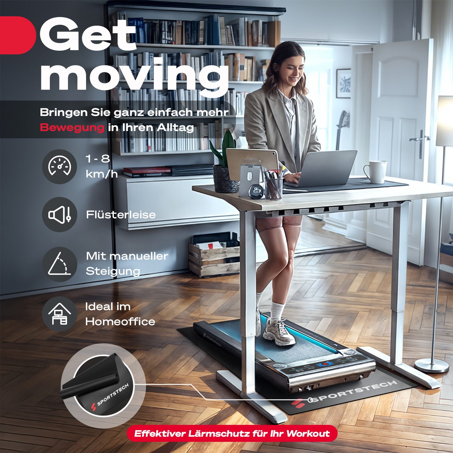 Sportstech Laufband sWalk, bis 8 km/h, Steigung 7,5%, Trainingsprogramme, LED Tempolicht