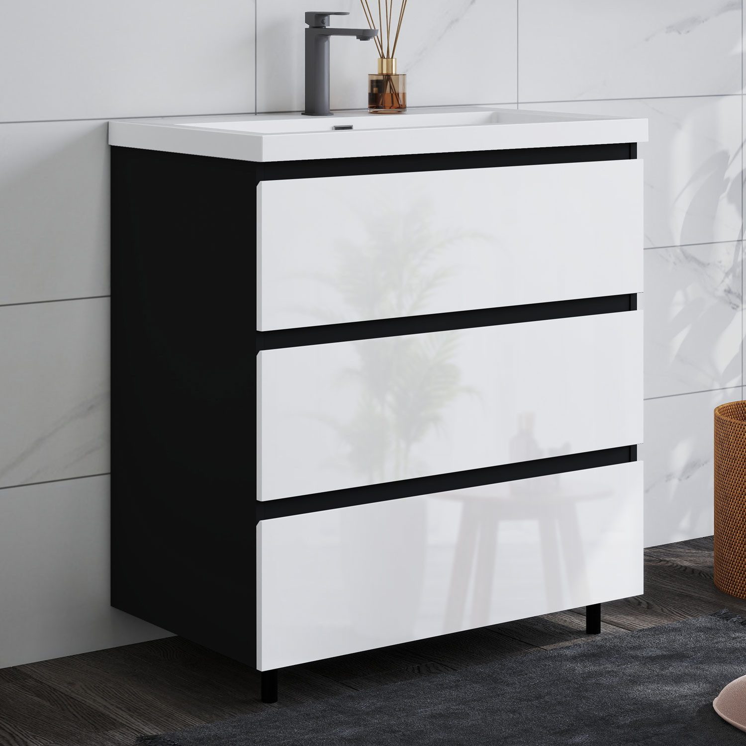 duschspa Waschtisch Badmöbel Set Waschbecken mit Unterschrank Badezimmer Möbel Schrank (Hängeschrank, mit Schrankfüße), 80/100cm breit