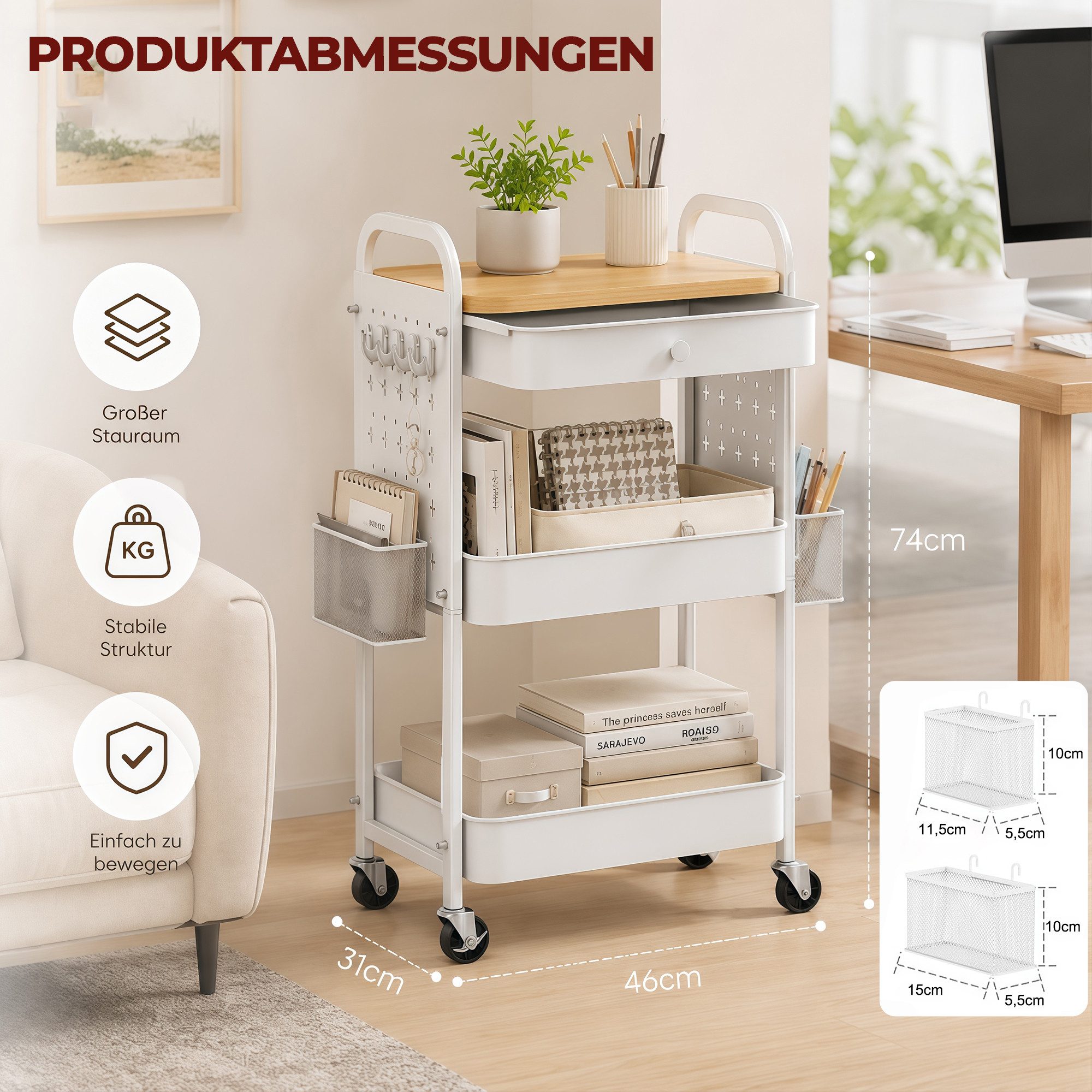 GLIESE Beistellwagen Vielseitiger Küchenwagen, Servierwagen, für Küche, Büro, Wohnzimmer, 2 Hängekörben, 4 Haken, 2 Lochplatten,1 Schublade, Bremsrollen, Griff – Bild 2 von 5