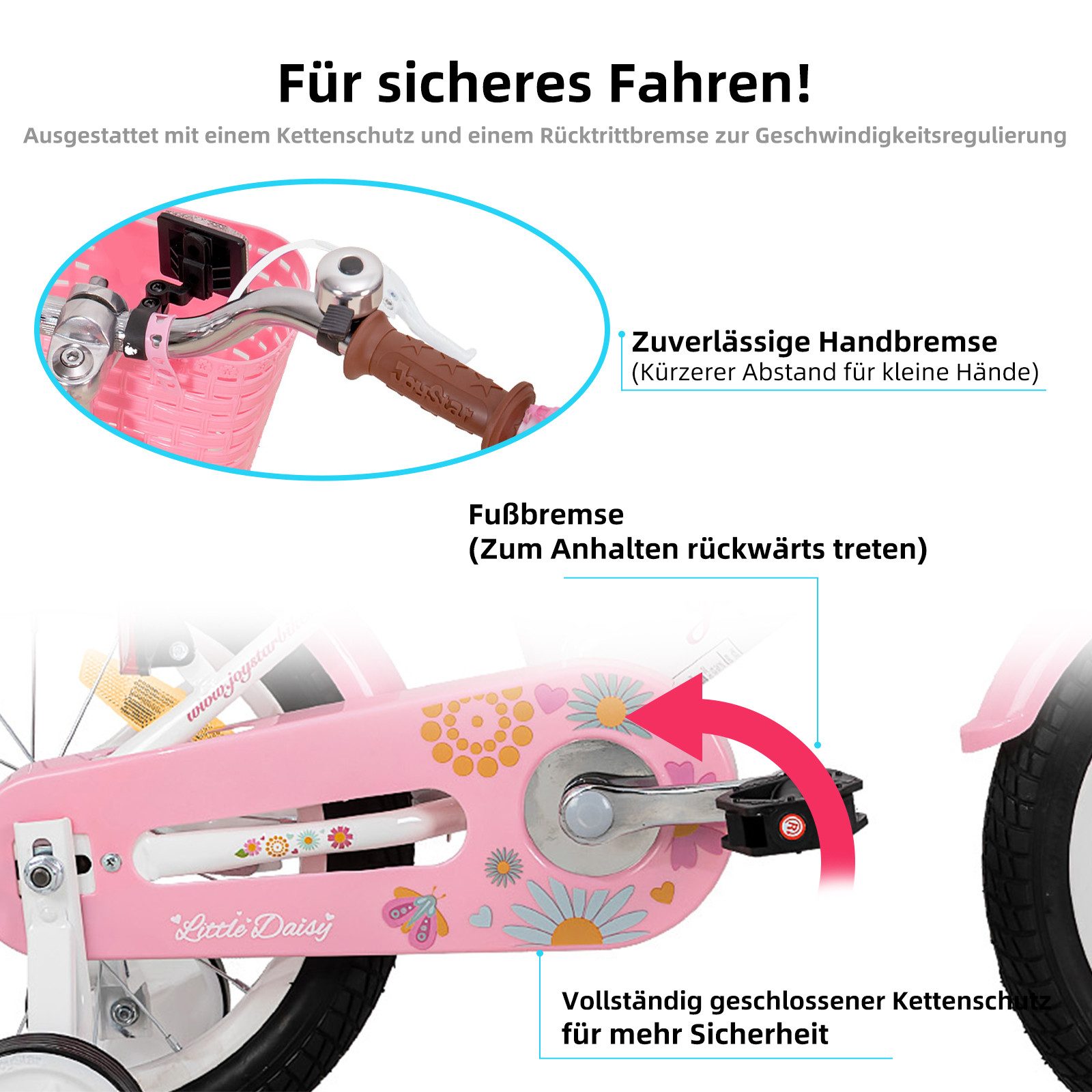 JOYSTAR Kinderfahrrad 12/14/16 Zoll fahrrad für 2-7 Jahre Mädchen, Geschenk für Prinzessin, Mit Puppensitz, Bändern, Stützrädern, Korb, süßen Kritzeleien