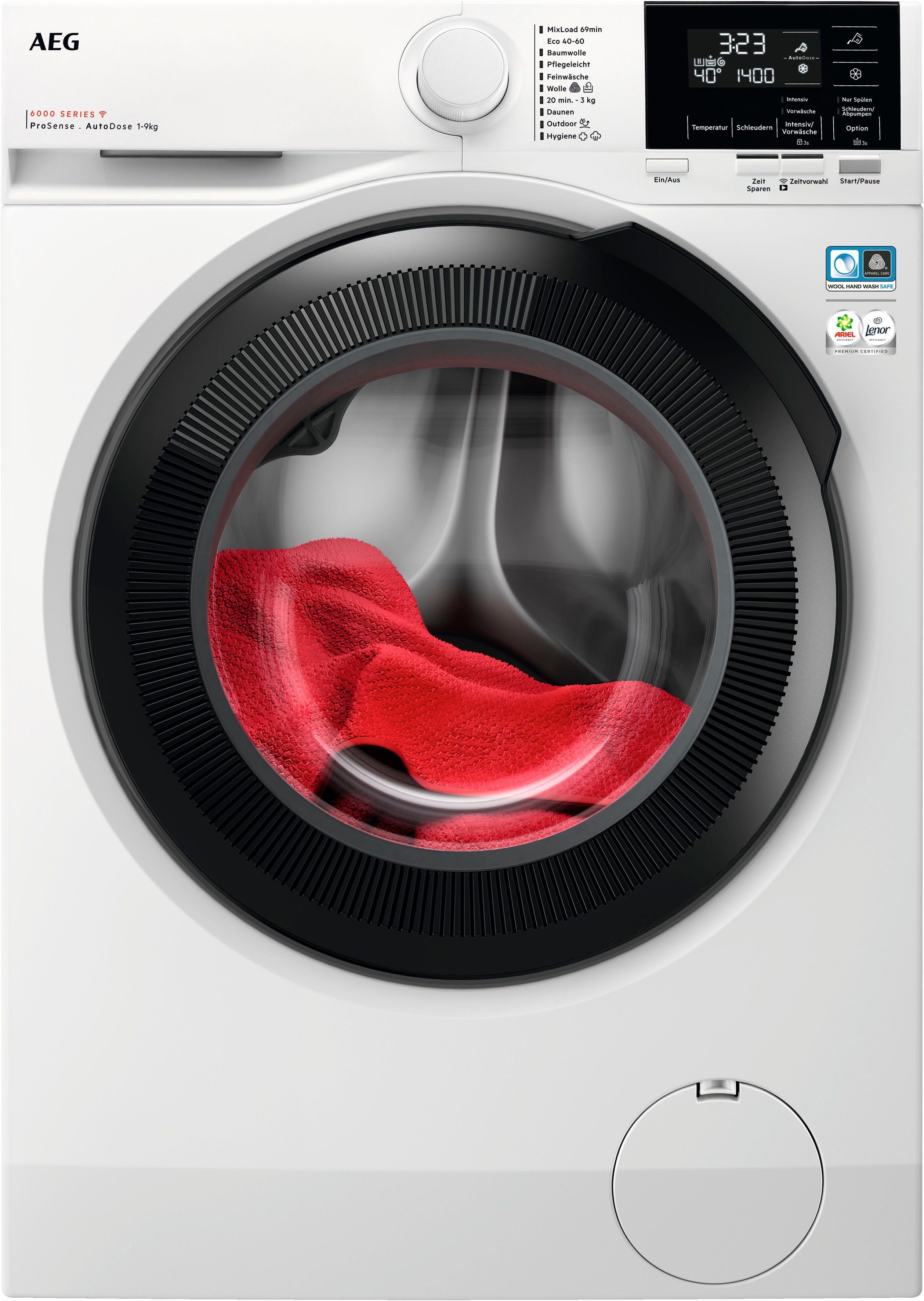 AEG ProSense® LR6D60490 Energie Wasser und U/min, kg, 9 1400 Zeit, - spart 914915144, 40% Waschmaschine bis Mengenautomatik​