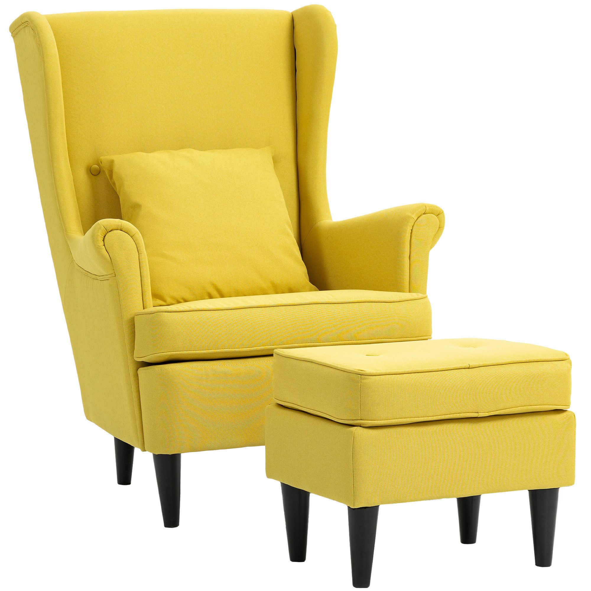 HOMCOM Relaxsessel Leinenoptik Lendenkissen Loungesessel (Set, 2-St., bestehend aus Sessel und Hocker), für Wohnzimmer Schlafzimmer Gelb