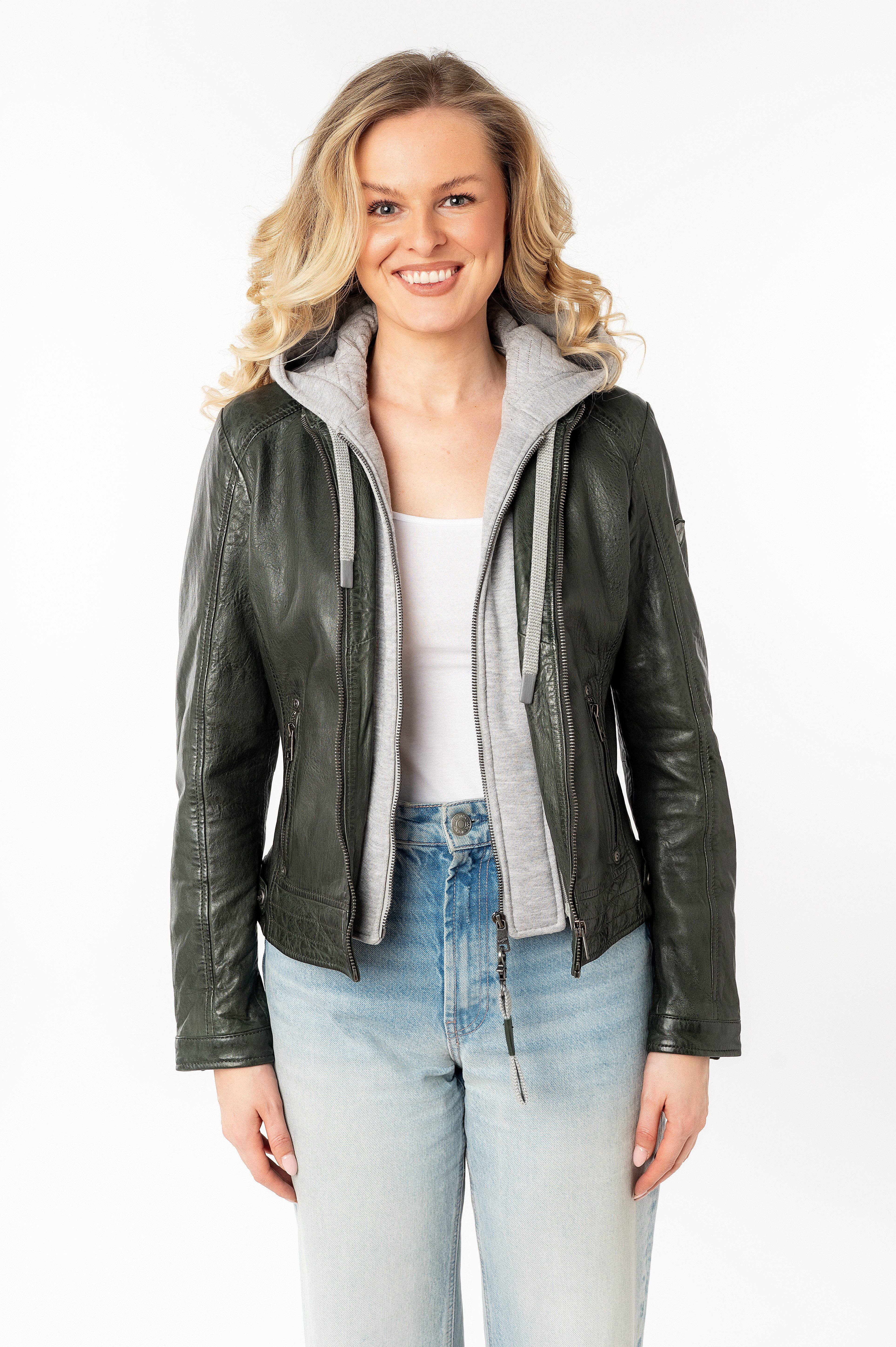 Mauritius Lederjacke MWAleni mit Jerseykapuze und Stehkragen