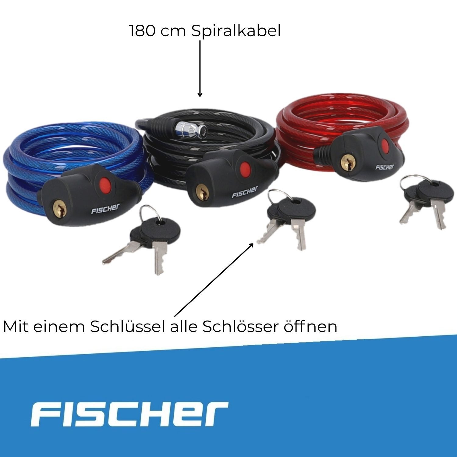 FISCHER Fahrrad Kabelschloss SET 3x Spiralschloss 180cm mit Schlüssel, Gleichschließend Kabelschloss Fahrradschloss Schloss Fahrrad E-Bike