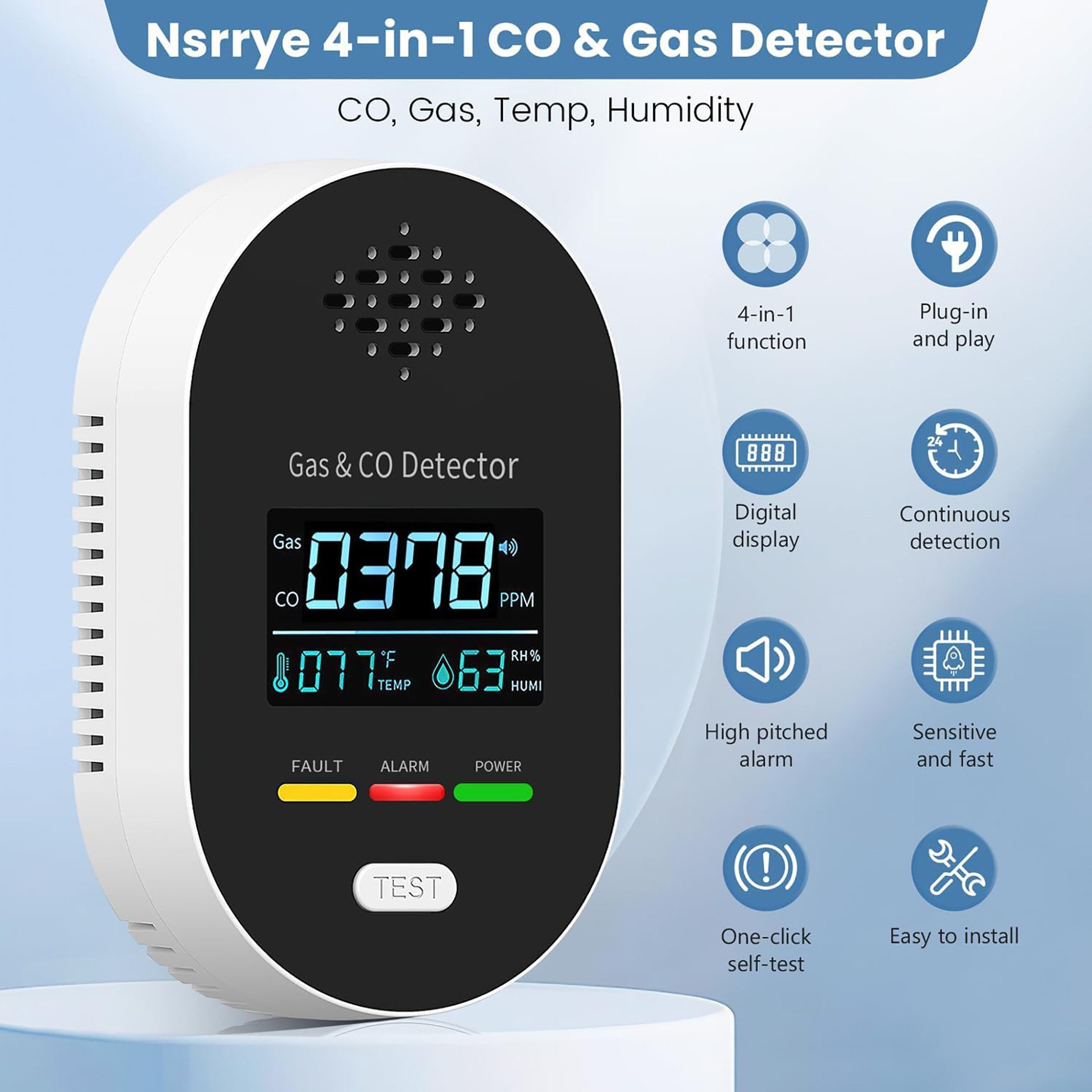 ibettertec 4-in-1 Gas- & CO-Melder mit Stecker CO-Melder (Kohlenmonoxid- und Brenngaswarnmelder,für Zuhause, Erdgas)