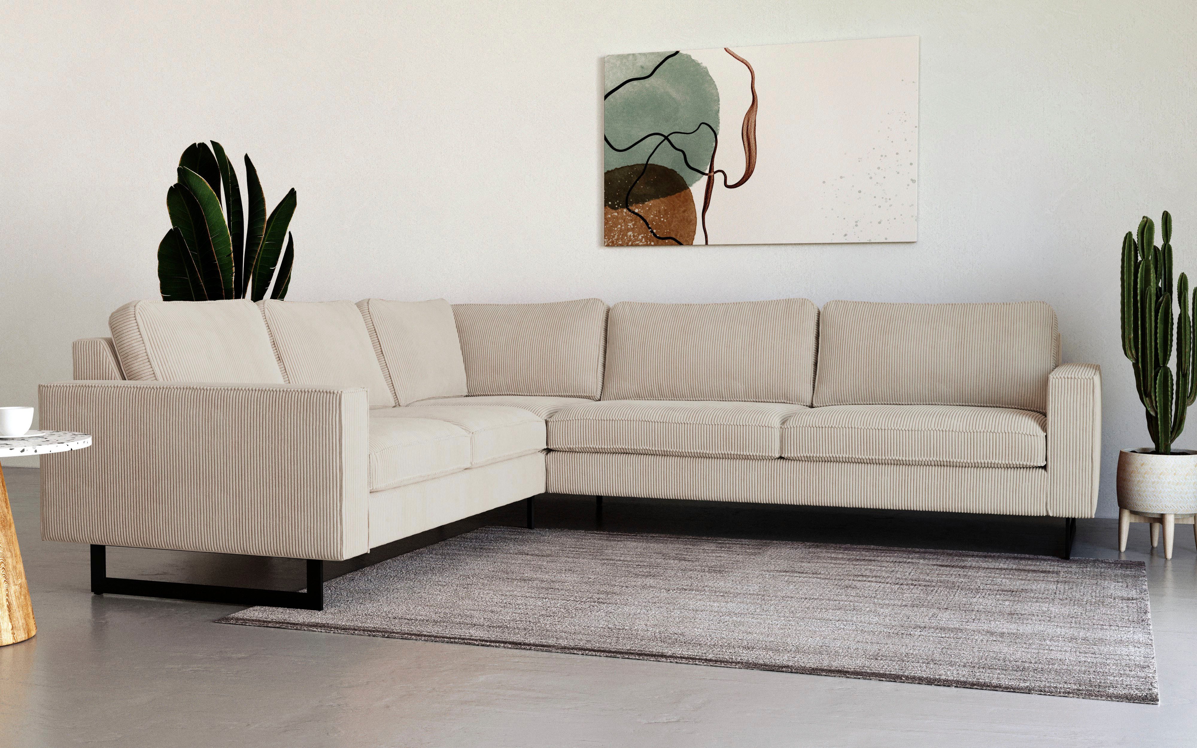 Places of Style Ecksofa Pinto, 250/290 cm, langer Schenkel, XXL, Ottomane, Cord, Feincord, Luxus-Microfaser Leder und Chenille