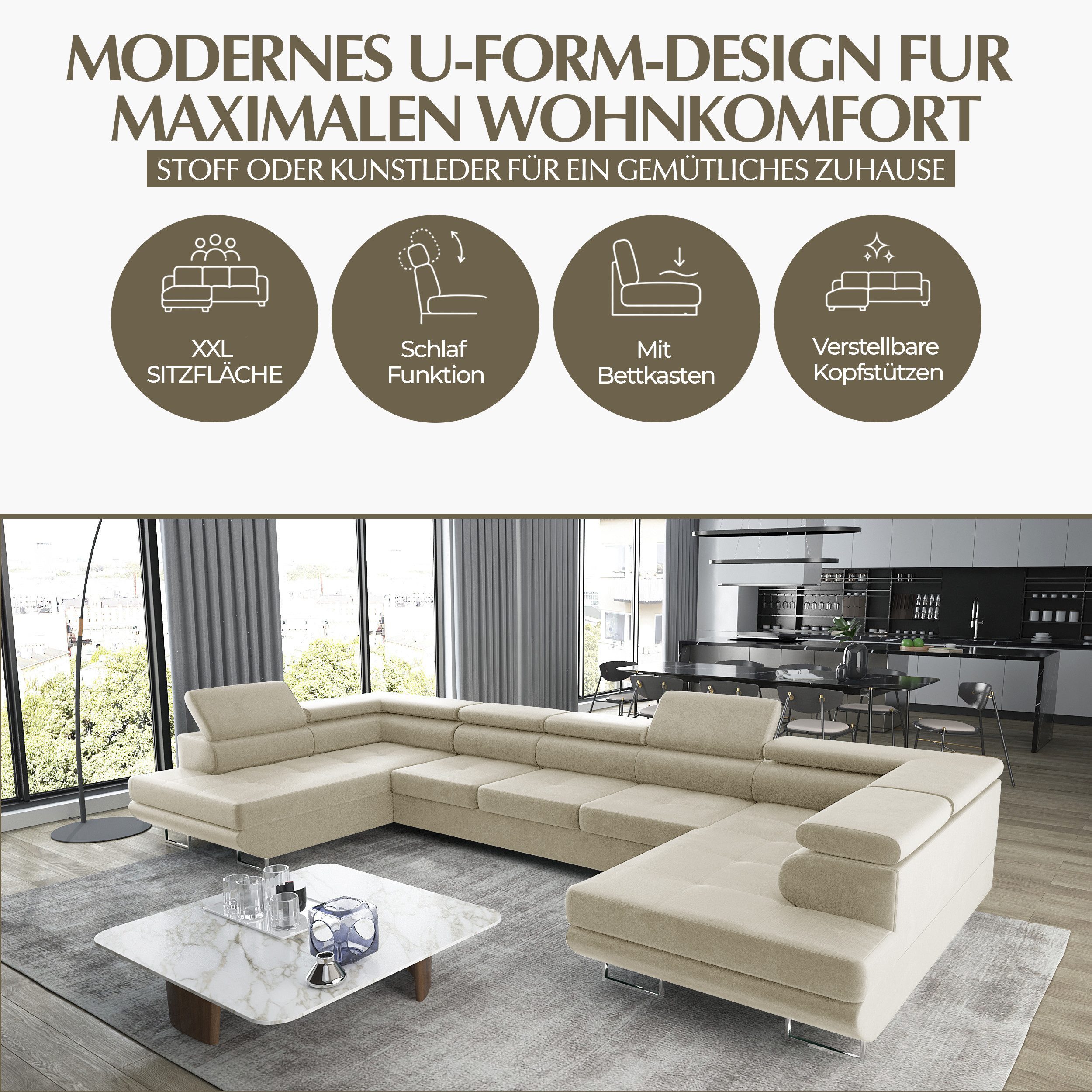 Goldstoff Wohnlandschaft "ASTON" U Form mit Schlaffunktion XXL Couch Sofa, Komfortable U Form Couch mit Bettkasten und Schlaffunktion 1 Teile, U Form Sofa mit B – Bild 2 von 5