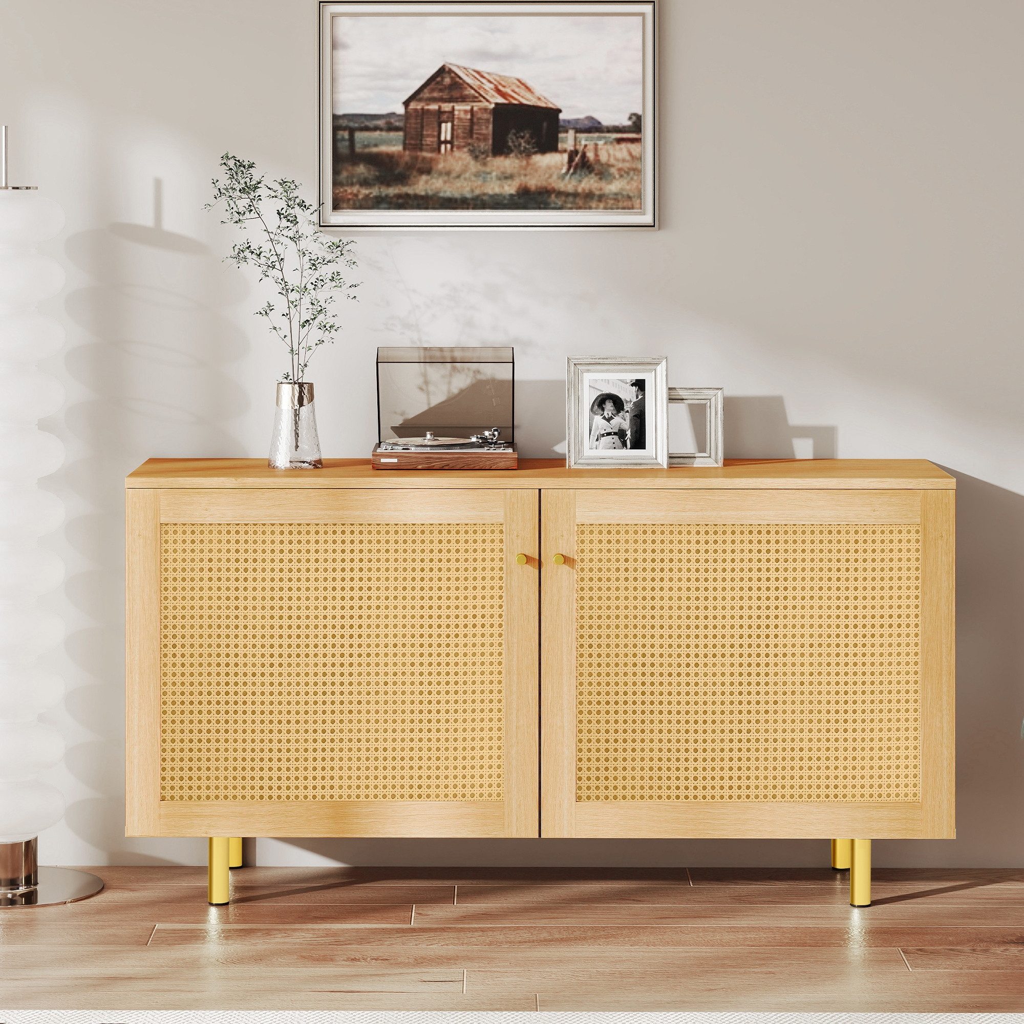 BlingBin Sideboard Buffetschrank Boho Küchenschrank mit Türen in Rattan-Optik (1er Set, 1 St., 120L x 40B x 63H cm), Kommode Holz-Optik für Flur, Wohnzimmer & Küche - Mehrzweckschrank