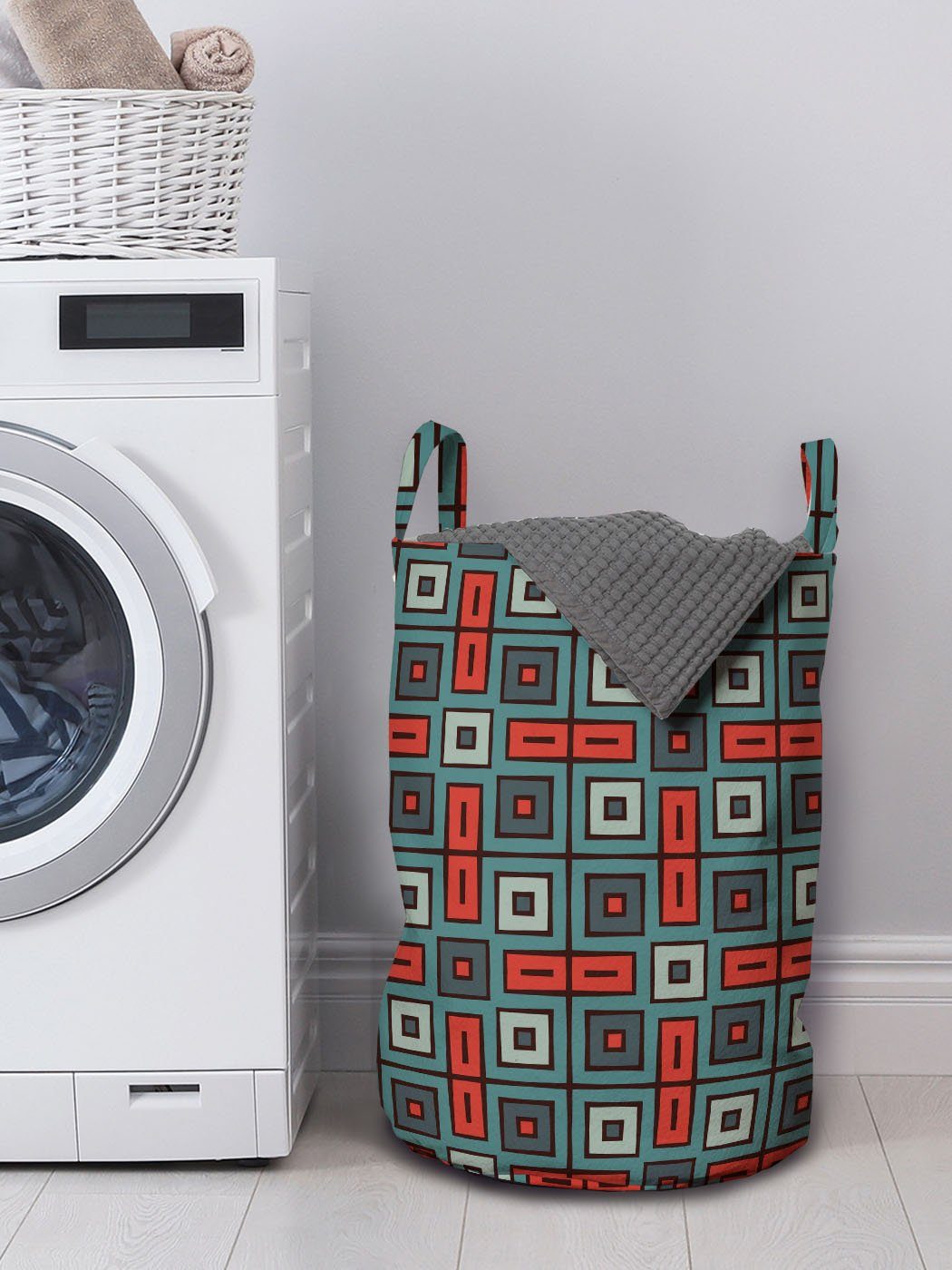 Wäschekorb Retro-Mosaik Griffen Geometrisch für Waschsalons, Abakuhaus mit Kordelzugverschluss Wäschesäckchen
