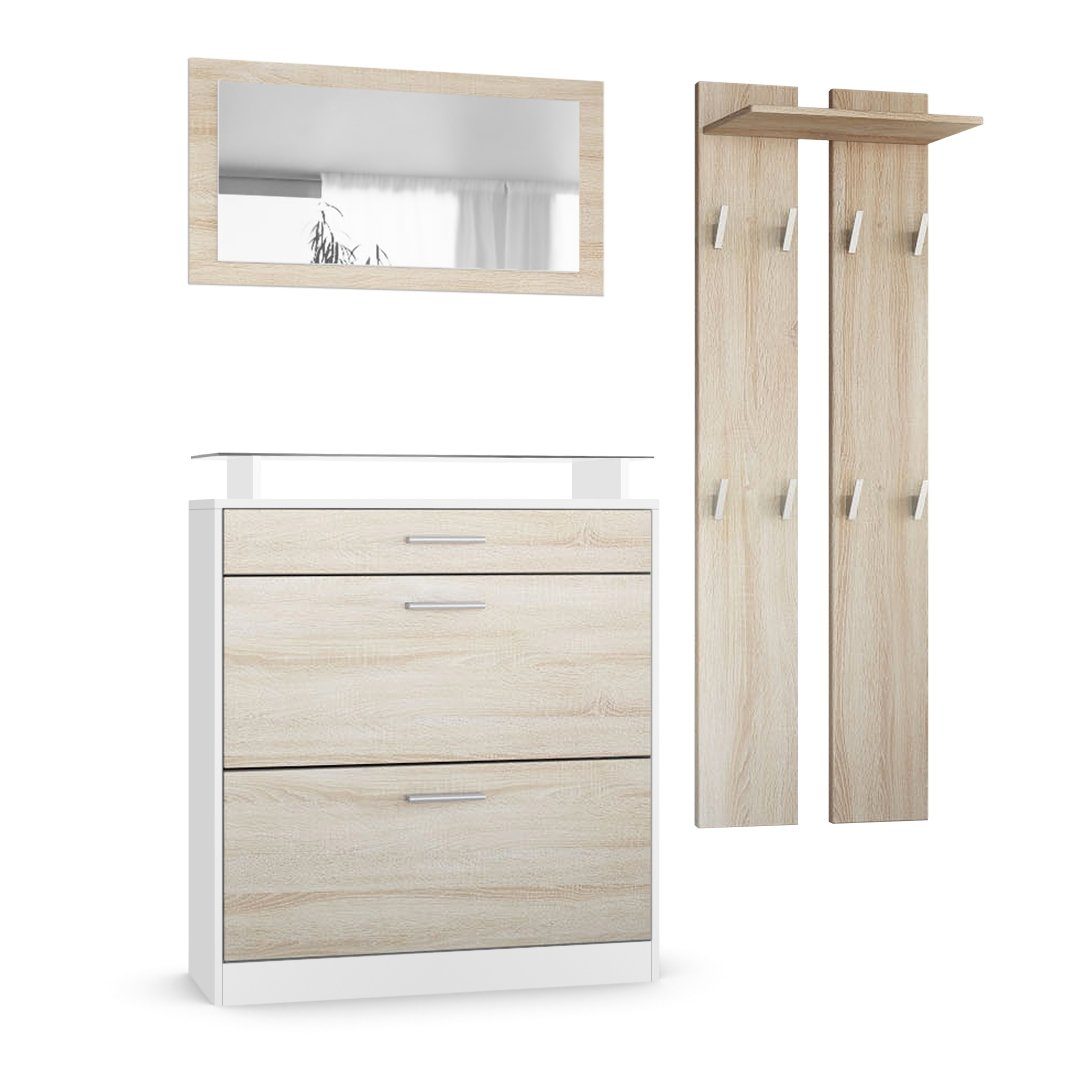 Vladon Шафи-Set Loret, (Garderobe Set bestehend aus 1 Schuhschrank, 3-St., 1 Wandspiegel, 2 Шафиpaneele), Weiß matt/Eiche Sägerau (Schuhschrank 89 x 104 x 23 cm)