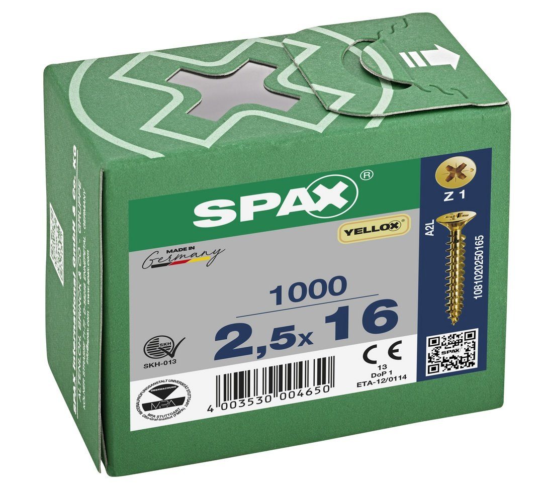 mm SPAX St), Universalschraube, 1000 Spanplattenschraube verzinkt, (Stahl 2,5x16 gelb