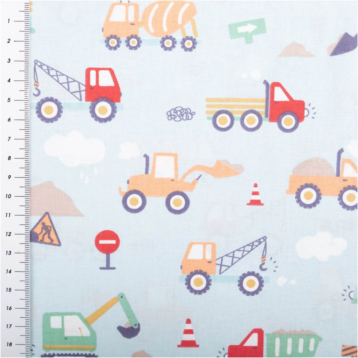 SCHÖNER LEBEN. Stoff Baumwollstoff Meterware Camions Baufahrzeuge hellblau 147cm, allergikergeeignet