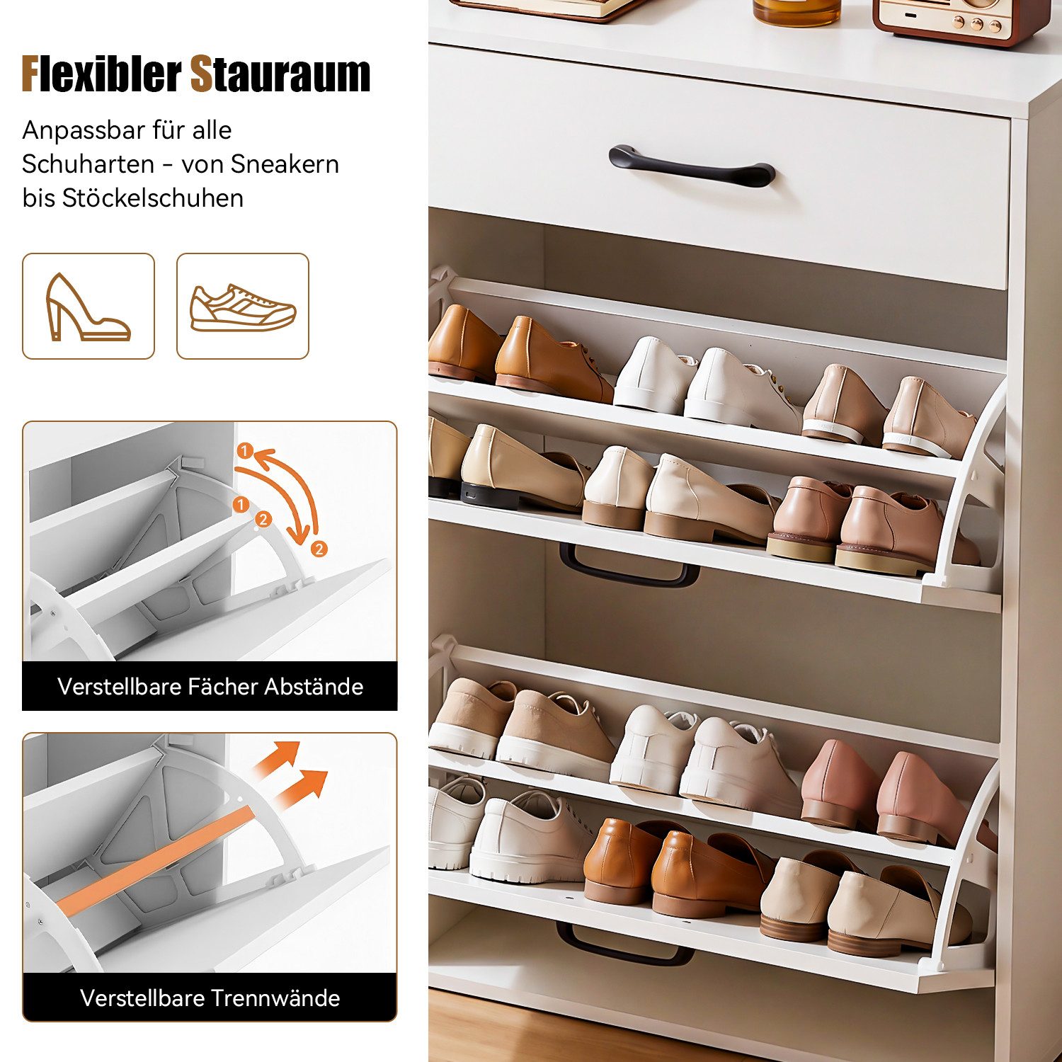 oyajia Schuhschrank Schuhkommode mit 2 Klappen,1 Schublade und 3 Ablagefächer (Schuhkommode Schuhkipper Schuhregal für 12 Paar, B 80 x H 90x T 30 cm) – Bild 5 von 5