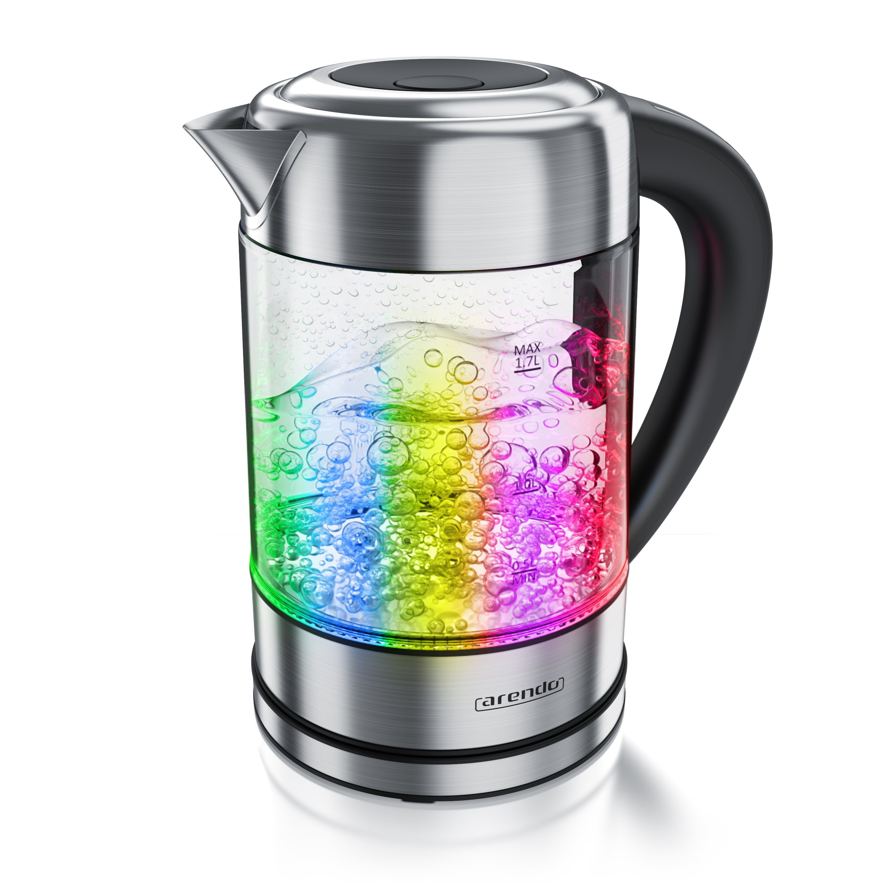 Arendo Wasserkocher aus Glas & Edelstahl, mit Temperatureinstellung, RGB Beleuchtung, 1,7 l, 2200 W, Glaskörper, Temperaturwahl 40-100°C, Aufkochfunktion Warmhaltefunktion