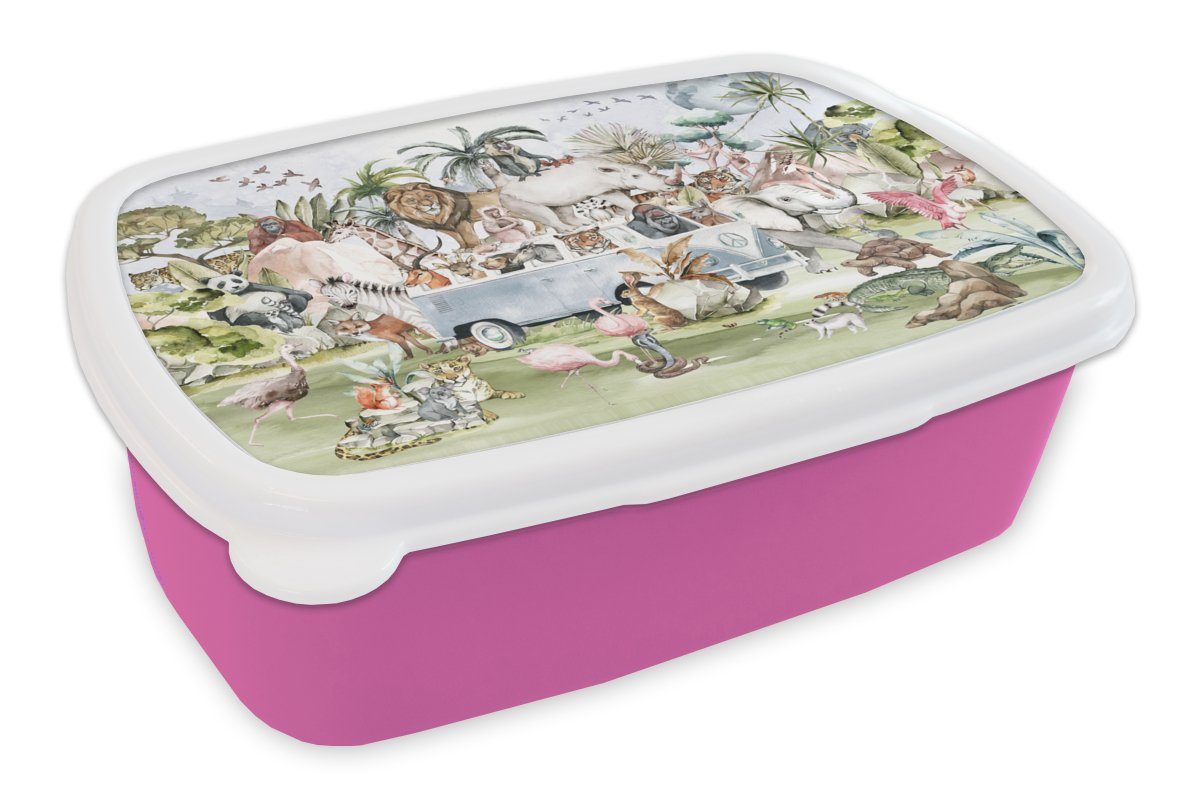 Kunststoff Lunchbox Pflanzen, MuchoWow - Kinder Snackbox, Kunststoff, Dschungel Bus Tiere Kinder, Mädchen, Brotbox rosa Erwachsene, - (2-tlg), - Brotdose für -