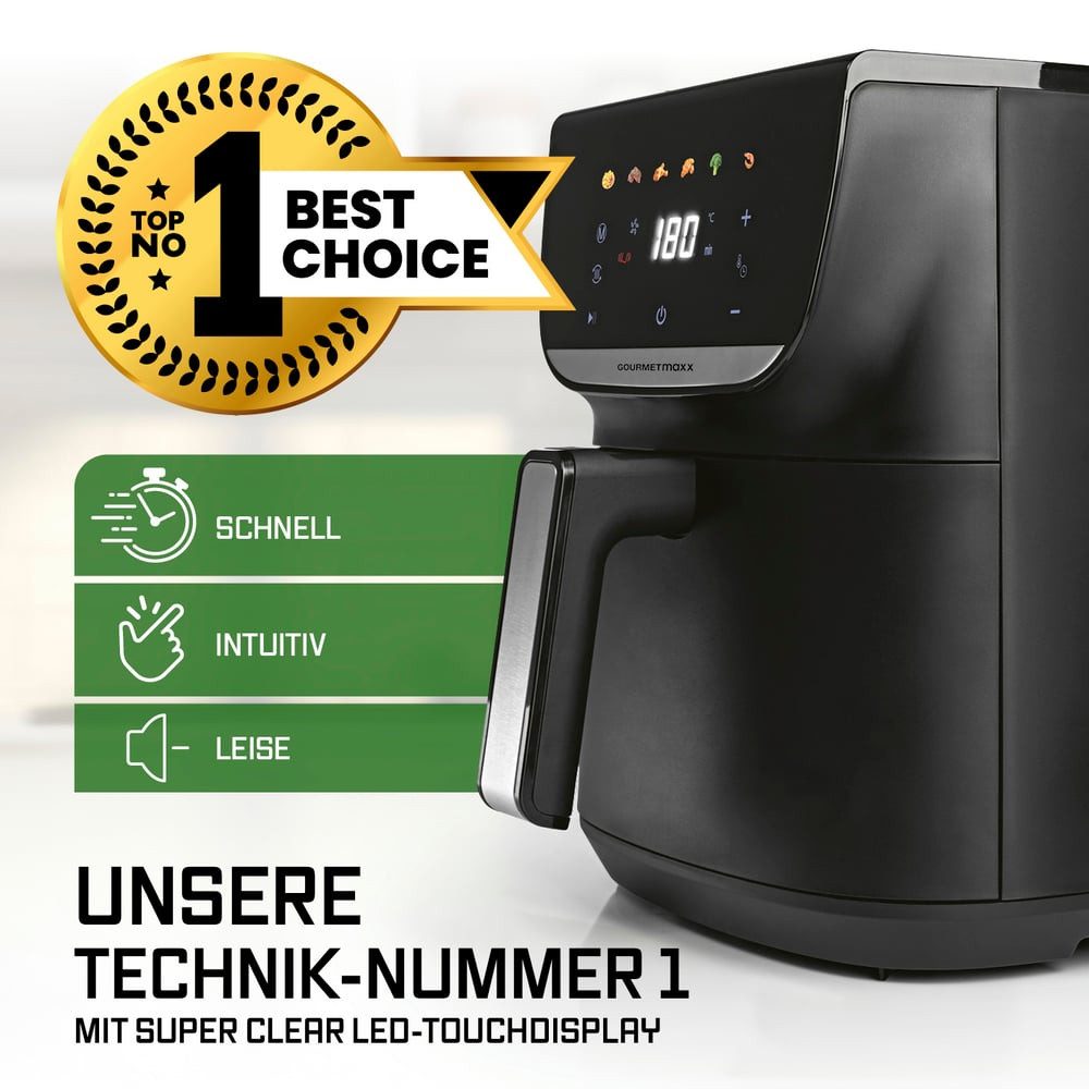 GOURMETmaxx Heißluftfritteuse 7,5l 1700 Watt mit LED-Touch-Display, 1700 W, Airfryer 7 Programme Pommes Steak Minibackofen frittieren ohne Fett