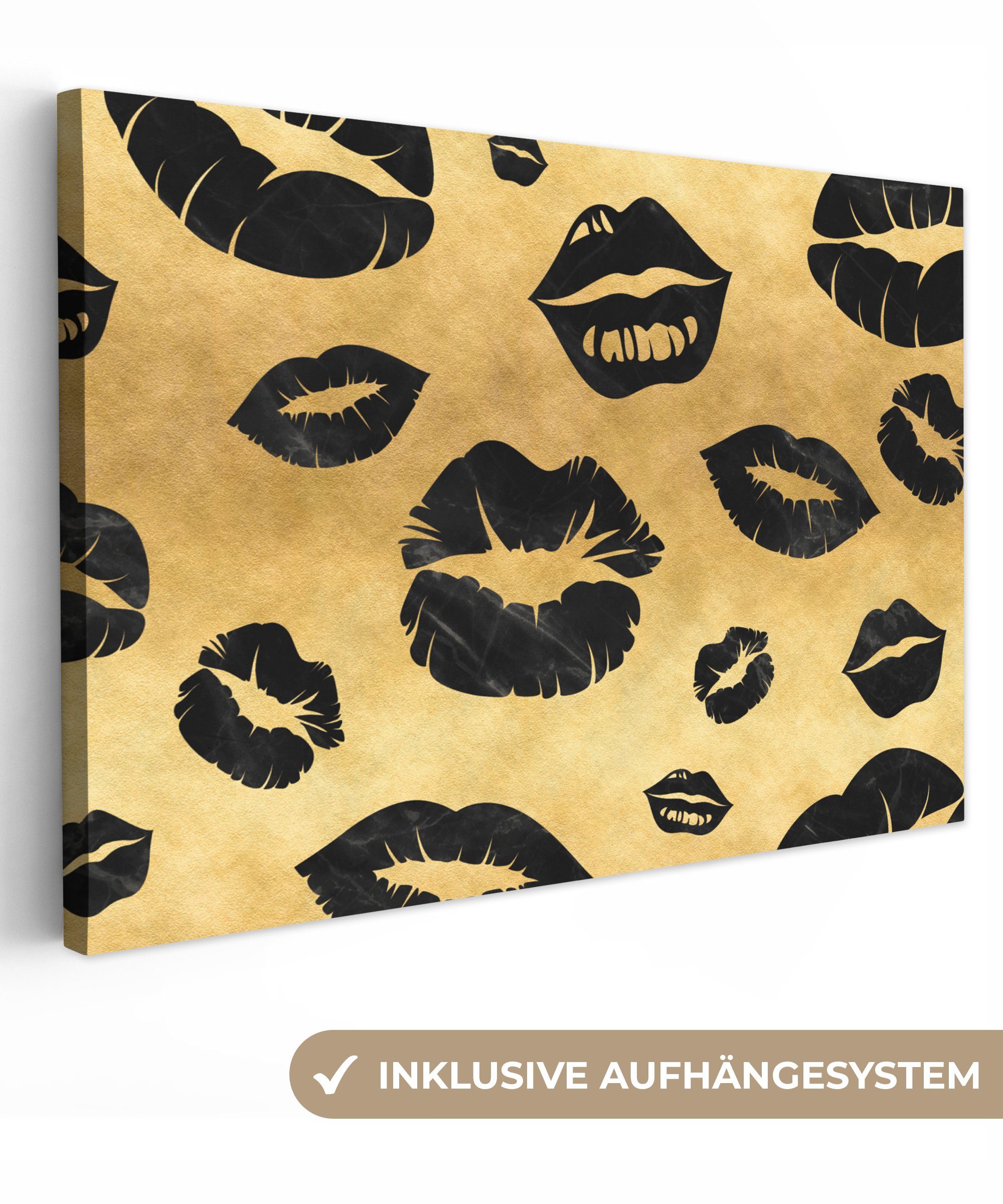 OneMillionCanvasses® Leinwandbild Muster - Kuss - Gold - Schwarz, (1 St), Wandbild Leinwandbilder, Aufhängefertig, Wanddeko, 30x20 cm