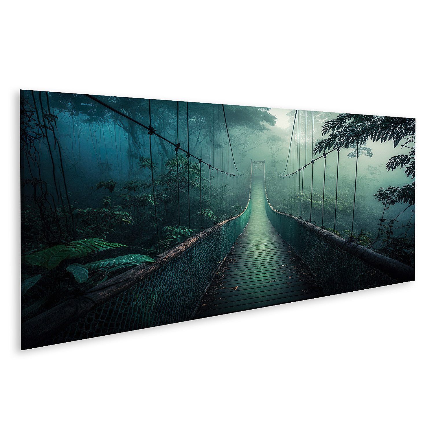 islandburner Leinwandbild Hängebrücke Grün Nebliger Dschungel günstig online kaufen