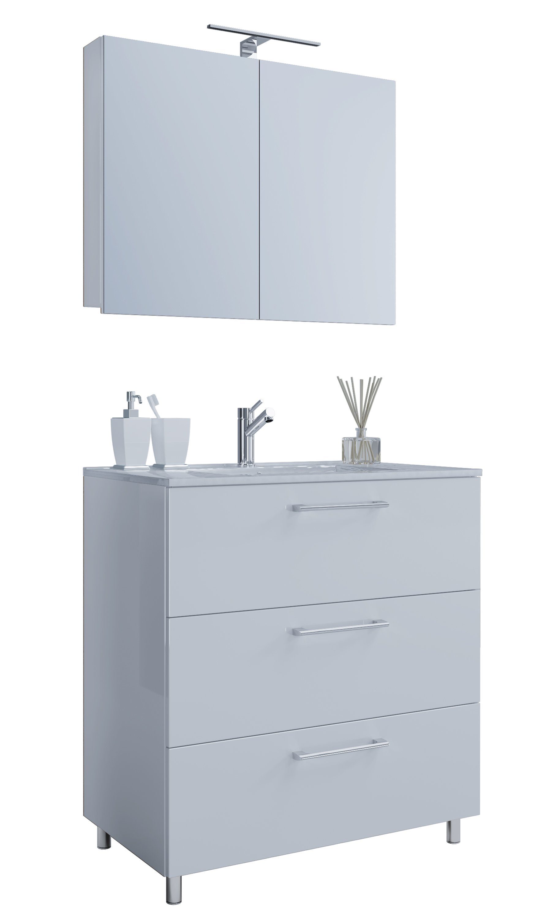 VCM Waschtisch 3 teilig Badmöbel-Set Waschplatz Badinos (Set, 3-St., 1x Unterschrank 1x Waschbecken 1x Spiegel), 3-tlg. Waschplatz, Waschbecken Unterschrank Breite 60 cm, Badmöbel