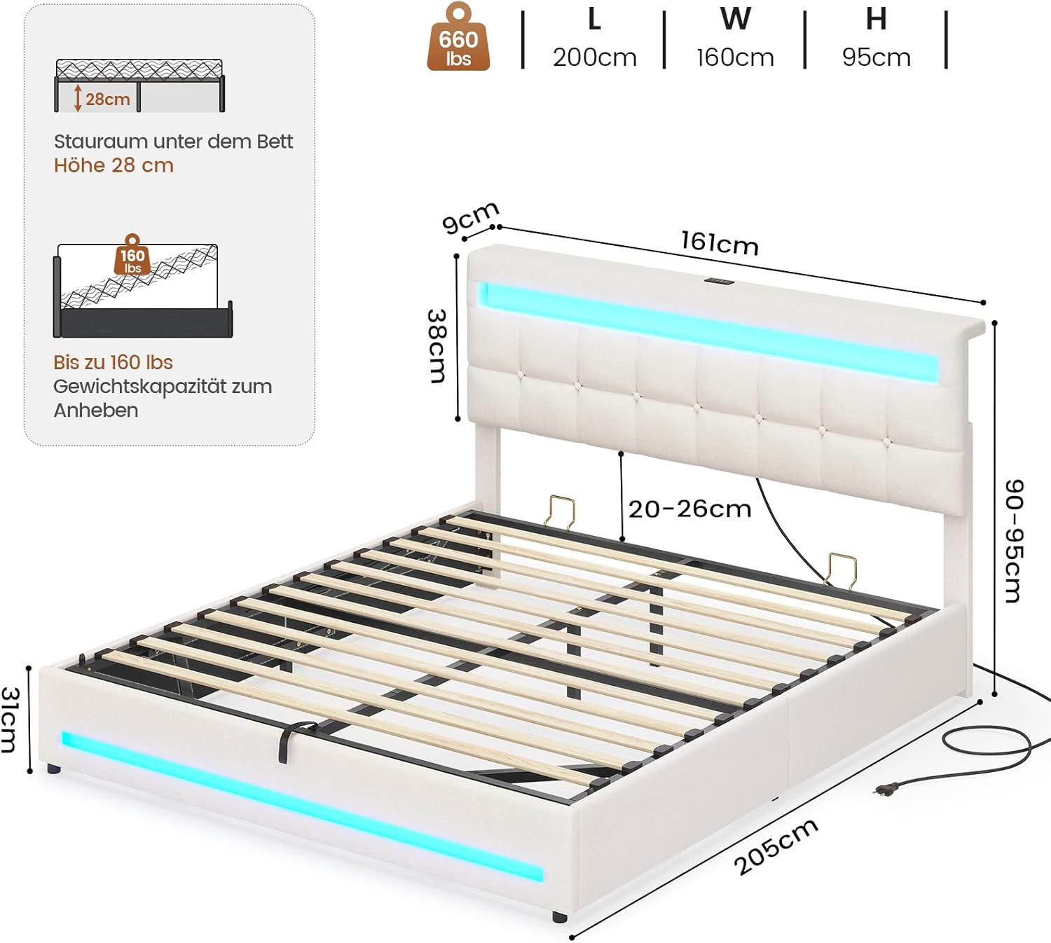 MSMASK Polsterbett Hydraulisches Stauraumbett mit höhenverstellbarem Kopfteil (Ohne Matratze), Funktionsbett, Jugendbett mit LED-Beleuchtung und Ladeanschlüssen