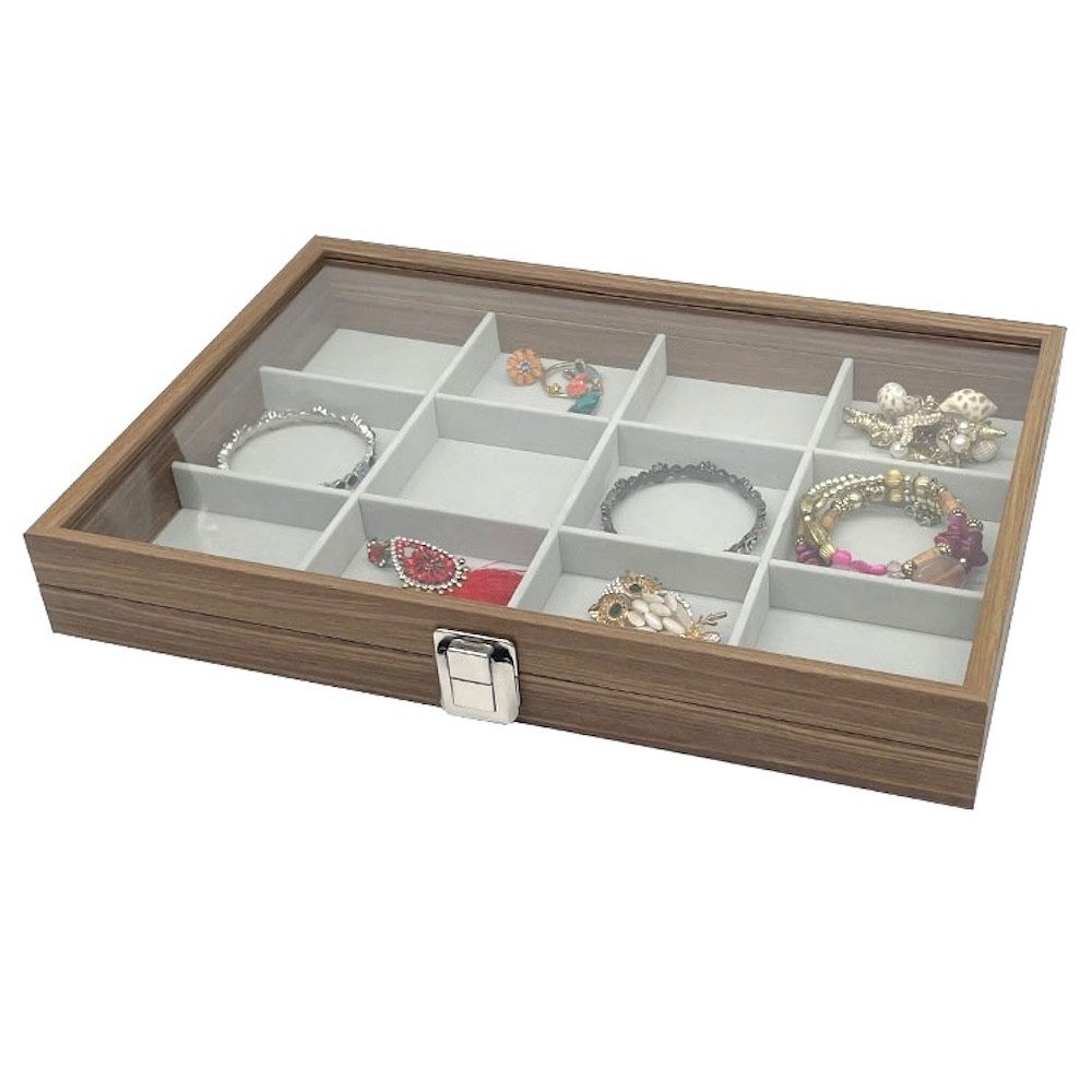 Schmuckkasten Holz Schmucklade 12 Fächer für Schmuck Ringe Ohrringe Halsketten Armbänder Schmuckkoffer Schmuckkasten Schmuckbox Aufbewahrung Schmuckdisplay Deck – Bild 4 von 4