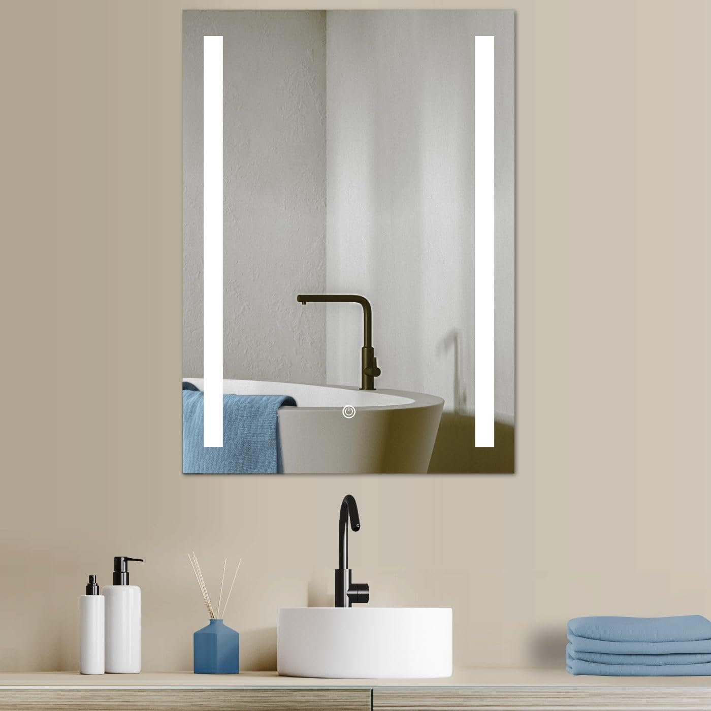 HOKO Badspiegel LED Design Wandspiegel 50x70/60x80cm+ LED Wechsel (Warmweiß - Kaltweiß - Neutral. Licht mit Touch Schalter und mit Wandschalter einschaltbar. Memory-Funktion.IP44, 5mm HD Glass)