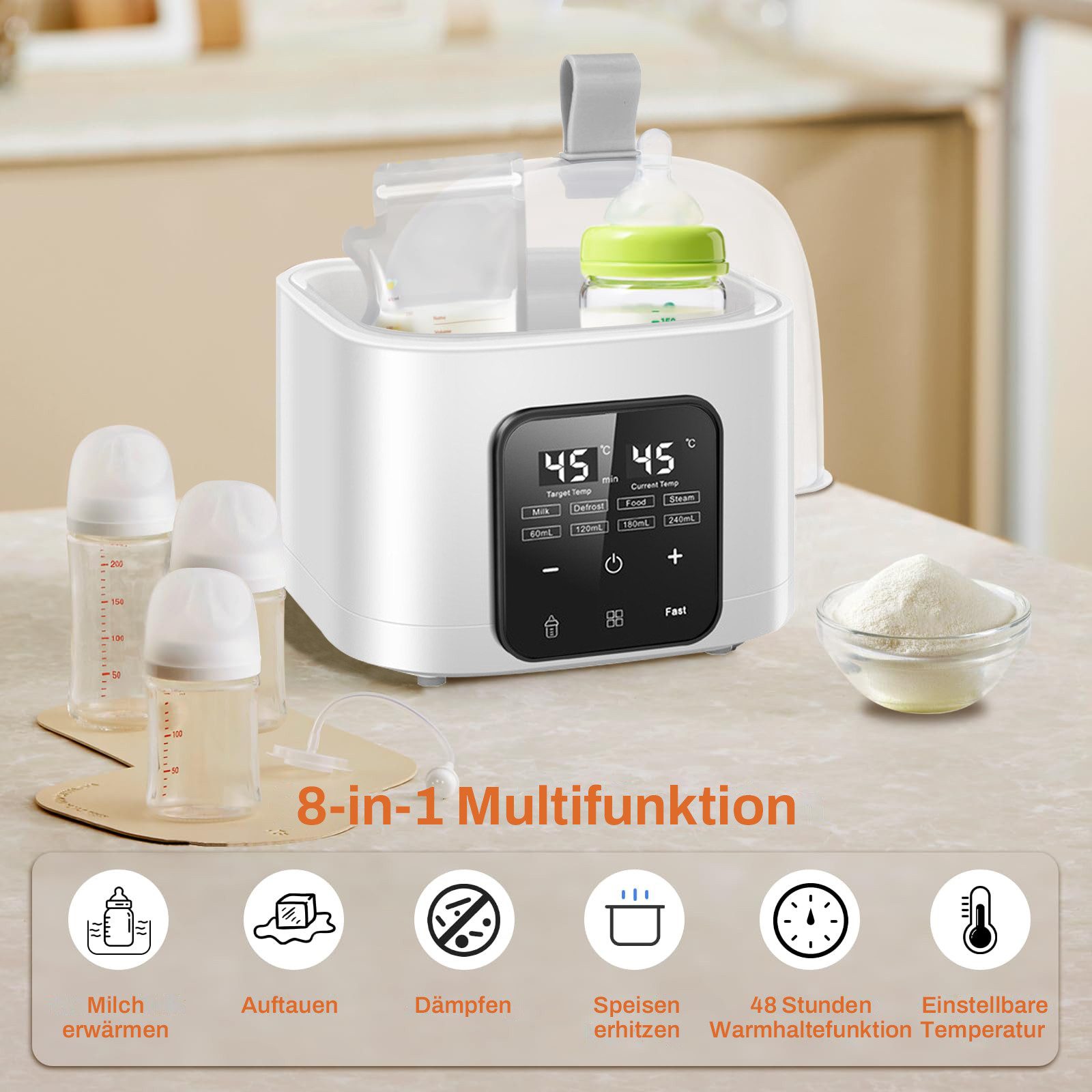 FOSMET Babyflaschenwärmer 2025 Modell 9-in-1 Babyflaschenwärmer Sterilisator 4 Flaschen BPA-frei, 60-240ml Flaschen, 100 °C Dampfst­erilisation, Fernbedienung