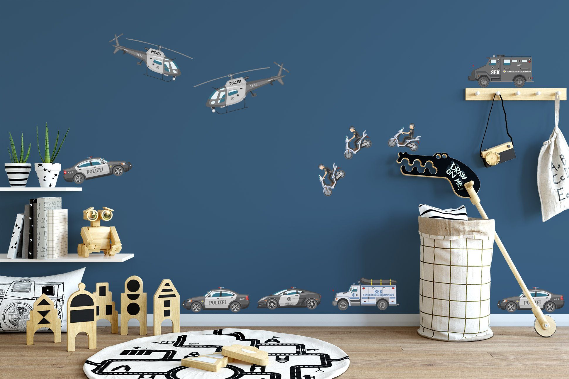 Sunnywall Wandtattoo XXL Wandtattoo Polizei Set Kinderzimmer Aufkleber