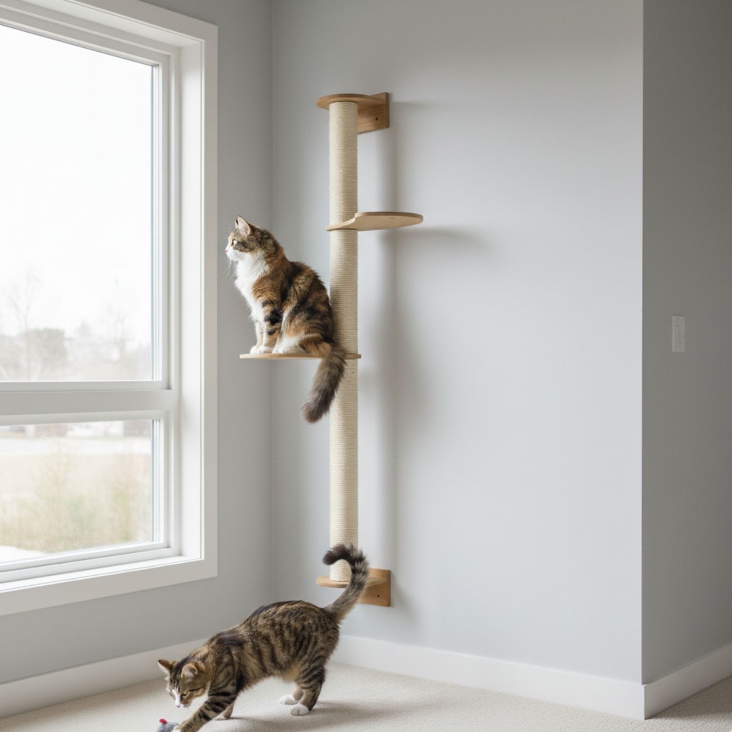 eyepower Kratzbaum zur Wandmontage-130 cm Wandkratzbaum für Katzen mit 2 Bambus Plateaus, Sistammstamm Wand - Katzenkratzbaum platzsparend - Kletterwand Katze
