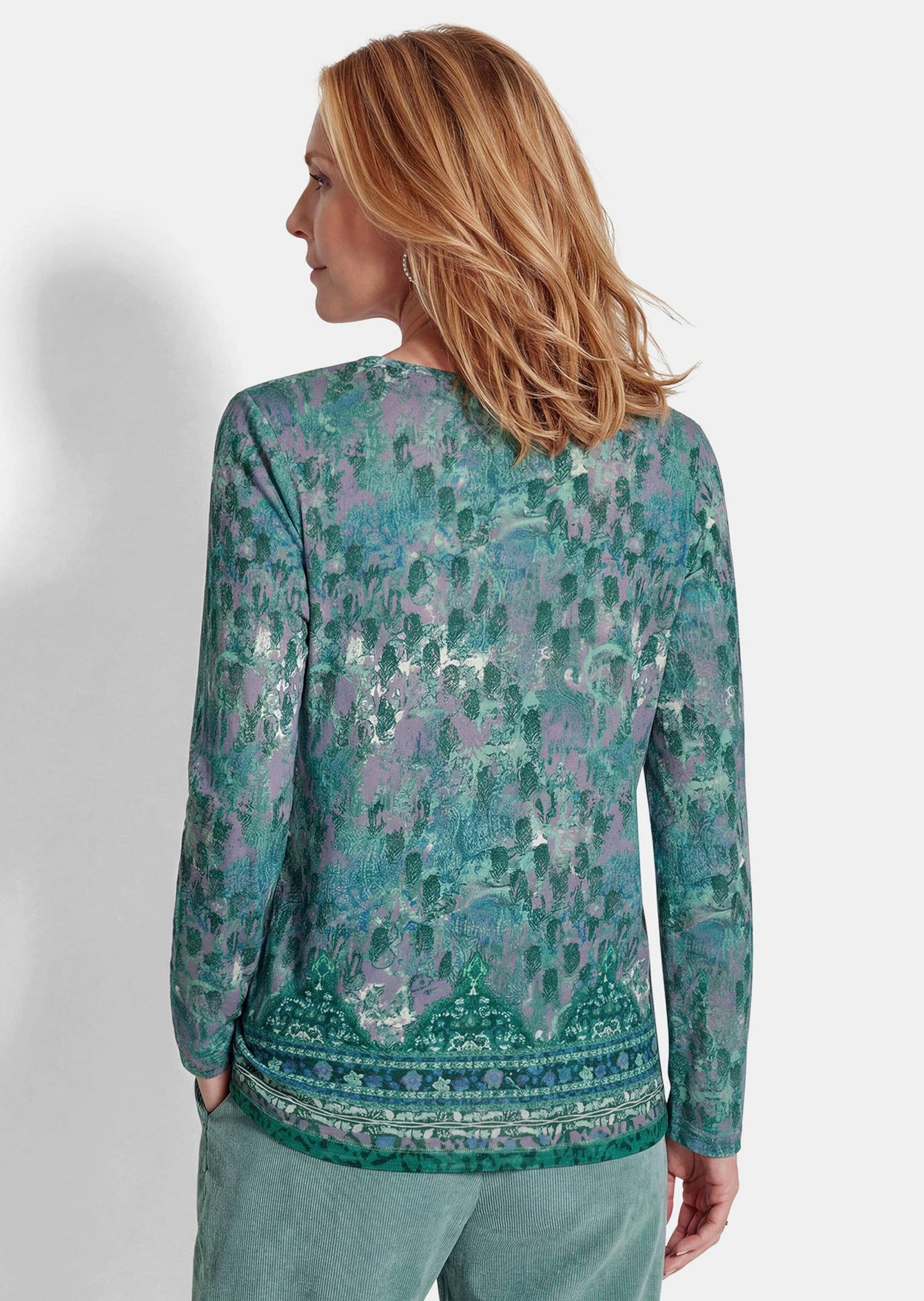 GOLDNER Print-Shirt Langarmshirt mit Rundhalsausschnitt Elastisches Oberteil mit Allover-Druck und Saumbordüre
