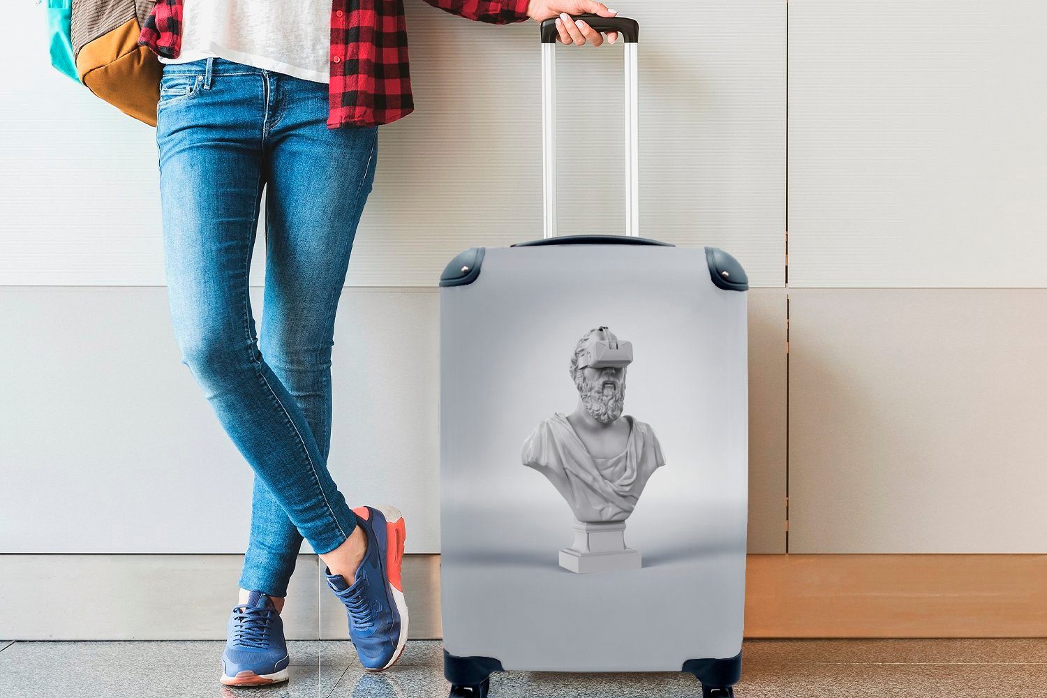 Rollen, für Mannes MuchoWow Reisetasche Trolley, Ferien, mit eines rollen, Handgepäckkoffer Reisekoffer Statue mit 4 Handgepäck VR-Brille,