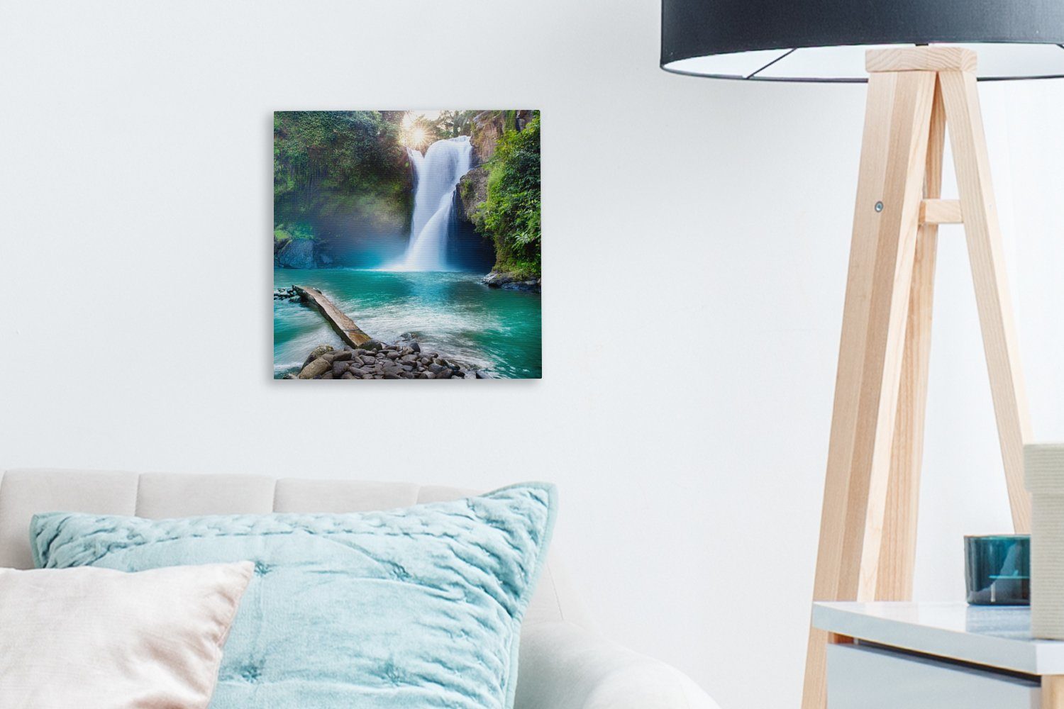 für OneMillionCanvasses® (1 - St), - Wasser, Steine Leinwand Leinwandbild Landschaft Bilder Wohnzimmer Pflanzen - - Schlafzimmer Wasserfall