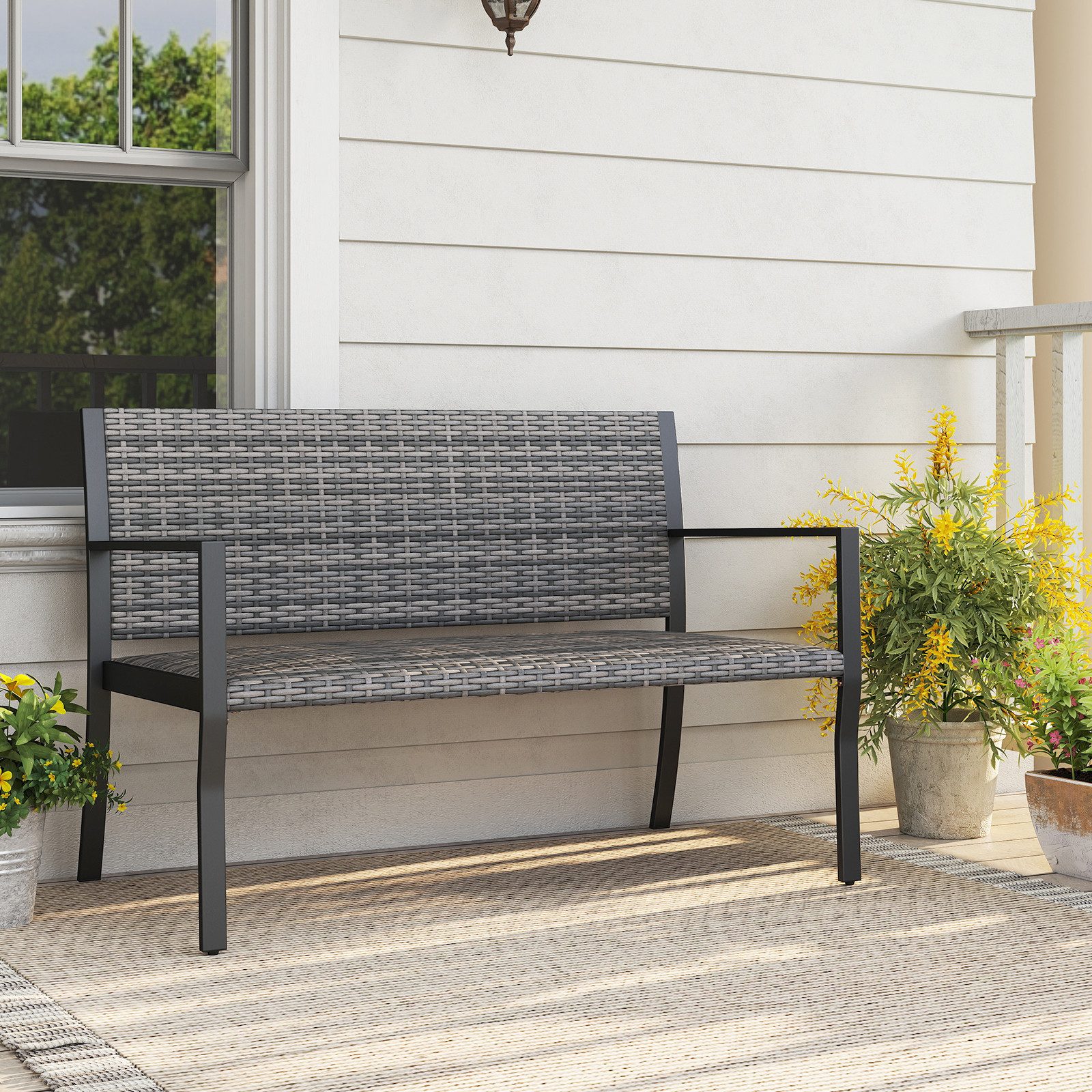 COSTWAY Gartenbank, wetterfest, Polyrattan Sitzbank mit gepolsterter Sitz 360kg