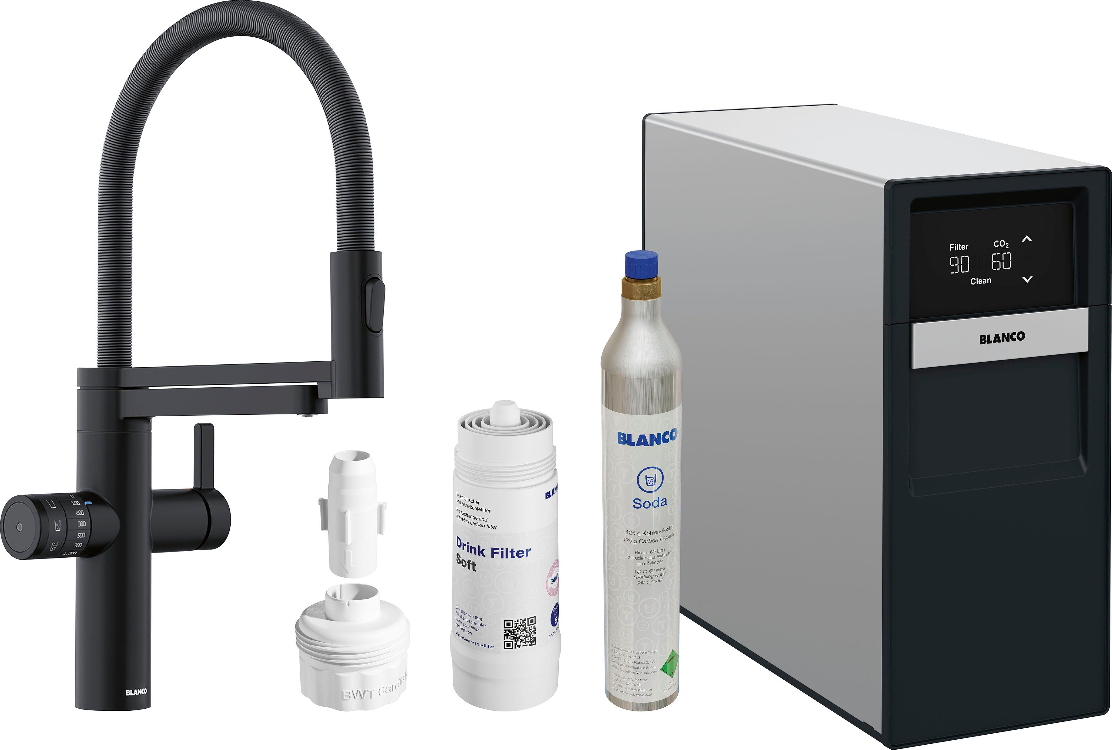 drink.soda Hochdruck-Anschluss, EVOL-S Set, für Wasser, Pro, Blanco gekühltes gefiltertes, sprudelndes Wasserhahn und 6-tlg. Elektrischer
