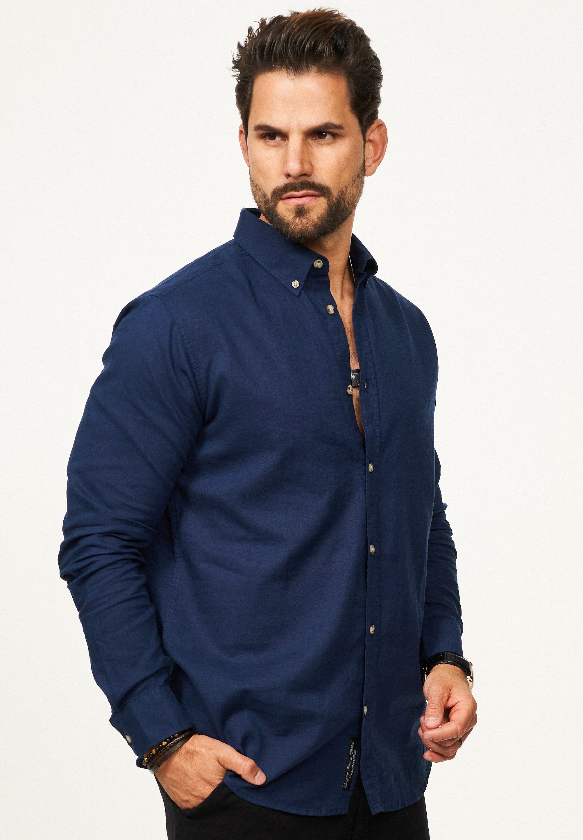 behype Langarmhemd aus Leinen im Regular-Fit Sommerhemd Herren Leinenhemd Freizeithemd mit Button-Down-Kragen