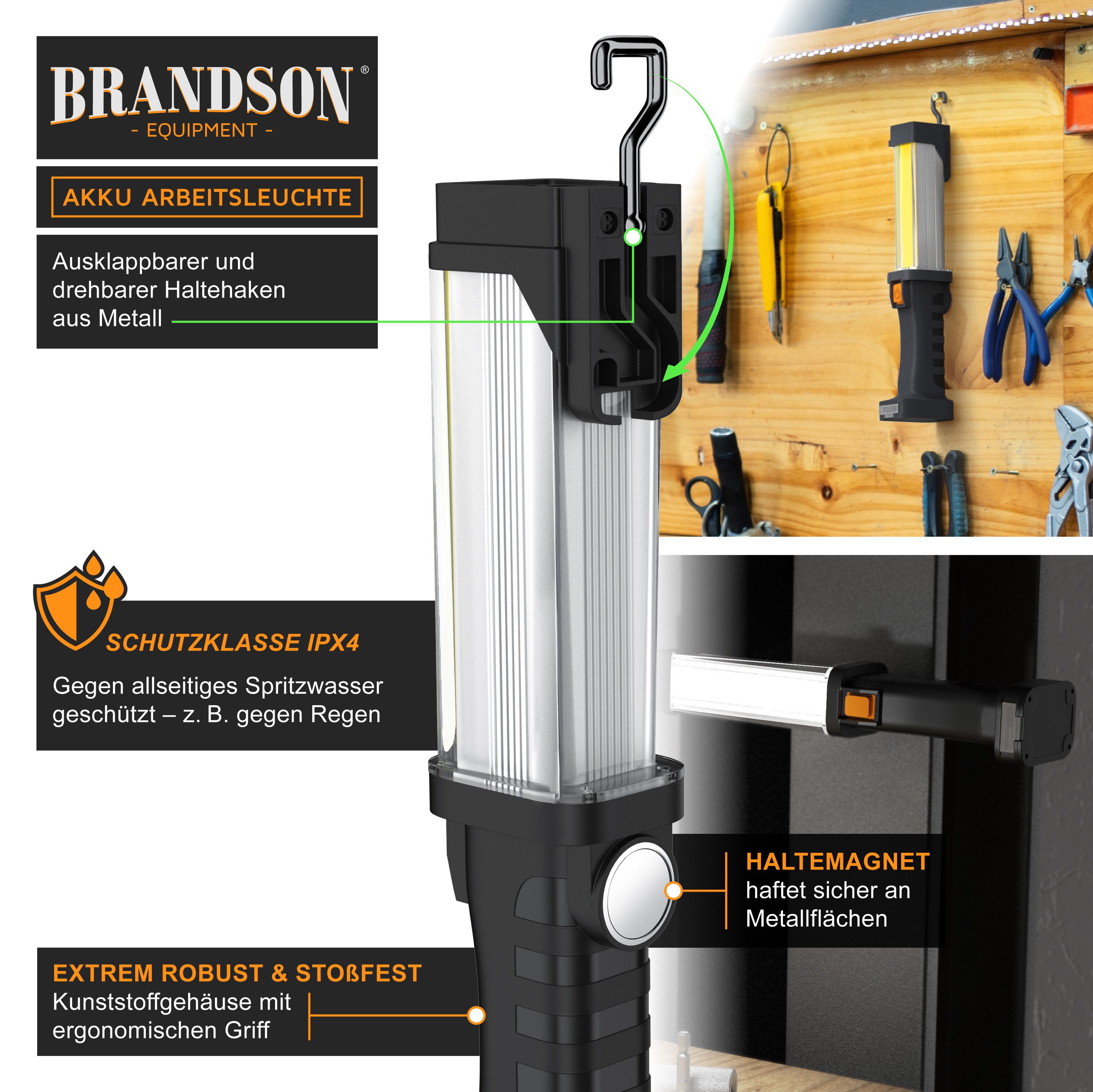 Brandson LED Arbeitsleuchte Akku Werkstattlampe mit Haken & Magnet, 2 Helligkeitsstufen, 700 Lumen, Ein-/Ausschalter, mehrere Helligkeitsstufen, LED fest verbau – Bild 5 von 5
