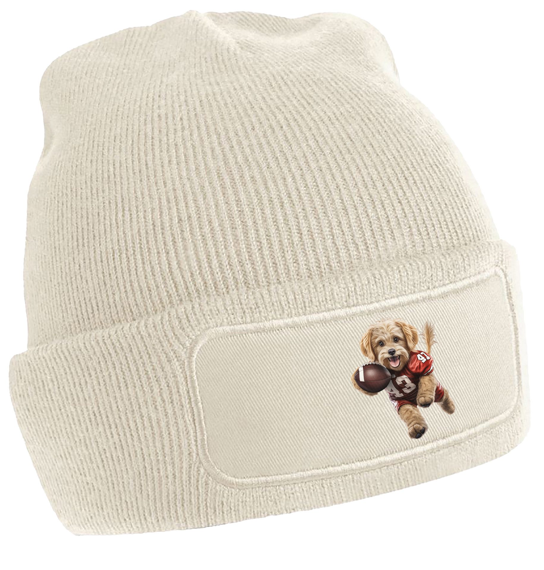 Strickmütze für kalte Tage - Beanie mit Football spielendem Hund Print