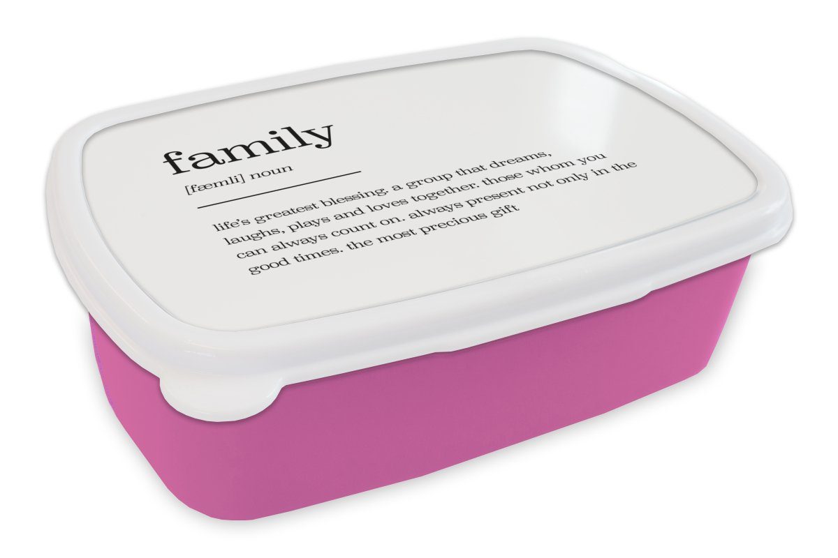 MuchoWow Lunchbox zitate - familie - Wörterbuch - Sprichwörter - Definition, Kunststoff, (2-tlg), Brotbox für Erwachsene, Brotdose Kinder, Snackbox, Mädchen, Kunststoff rosa