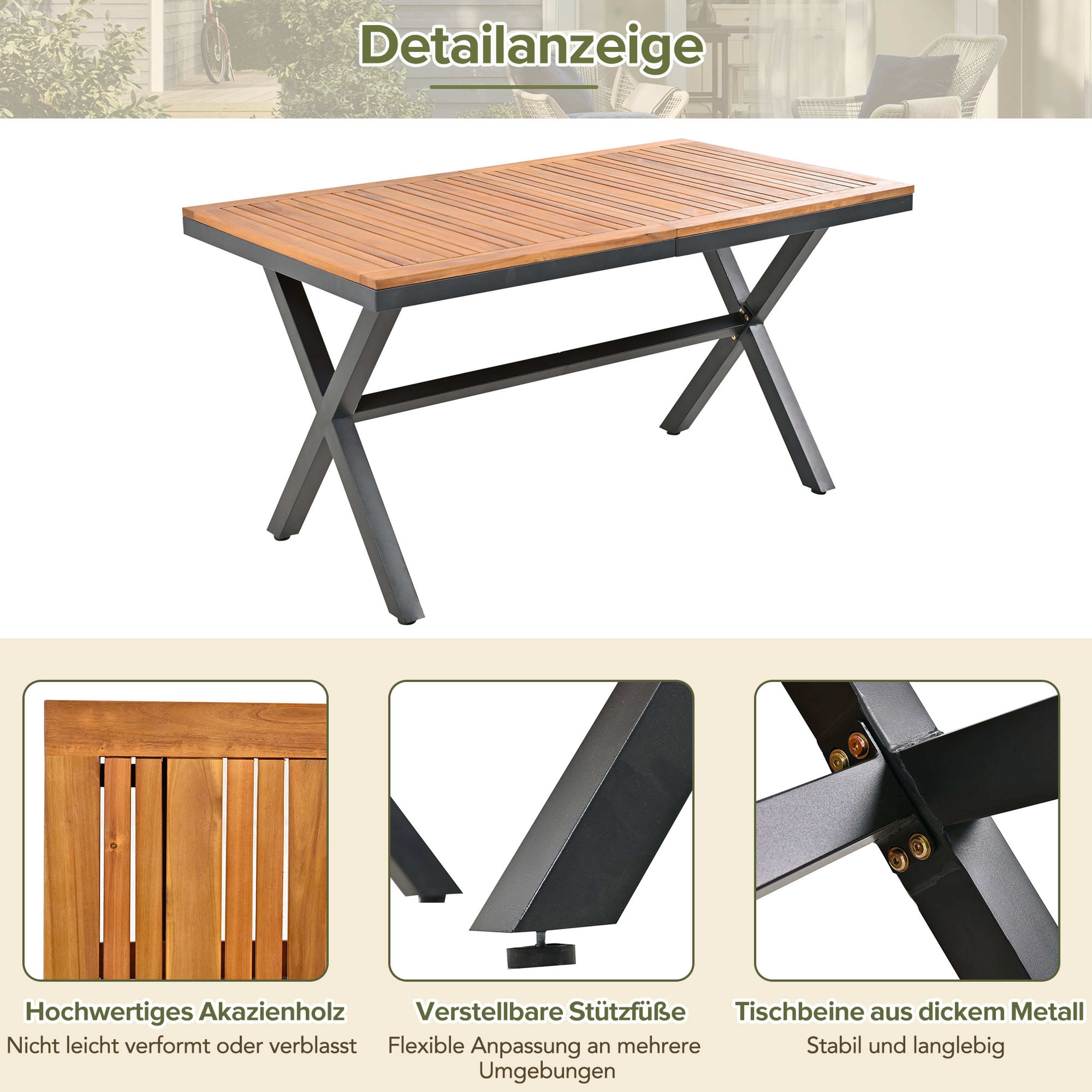 BlingBin Gartenlounge-Set Garten-Essgruppe, Garten-Lounge-Set aus Seil, für 6 Personen, (6 Sessel und 1 Tisch, Tisch aus Akazienholz, 7-tlg., Tragendes Gewicht: 160kg/Einzelplatz, 80kg/Tisch, Beige), Mit Fußpolstern und Sechs Sitzkissen, Abnehmbar und Waschbar, Beige