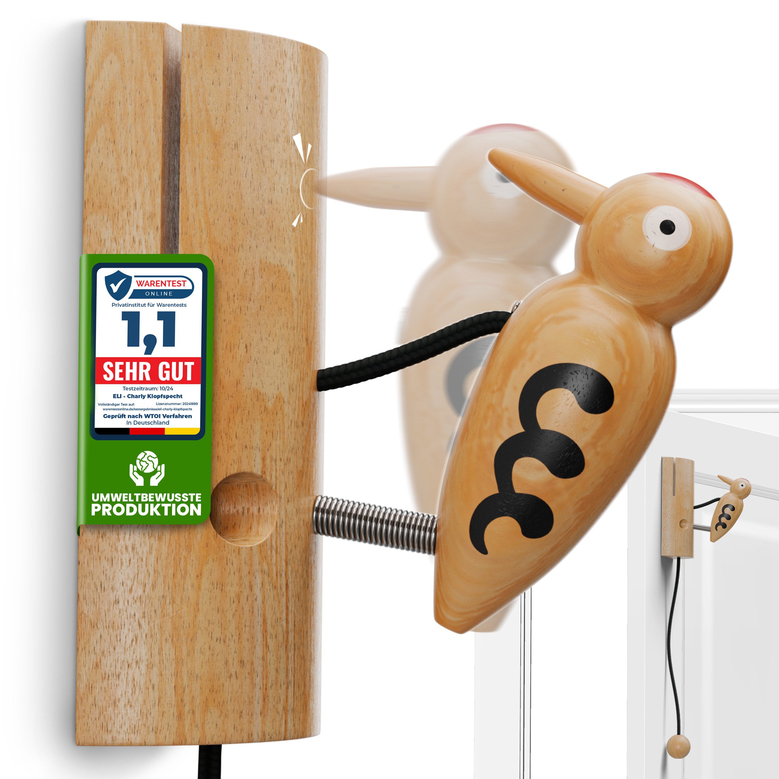 Eli Spielzeug-Gartenset Klingel aus Holz für Baumhaus - Spielhaus - Kinderzimmer - Haustür, (Stelzenhaus - Türspecht - Glocke - Geschenk für Jungen und Mädchen), Buchenholz