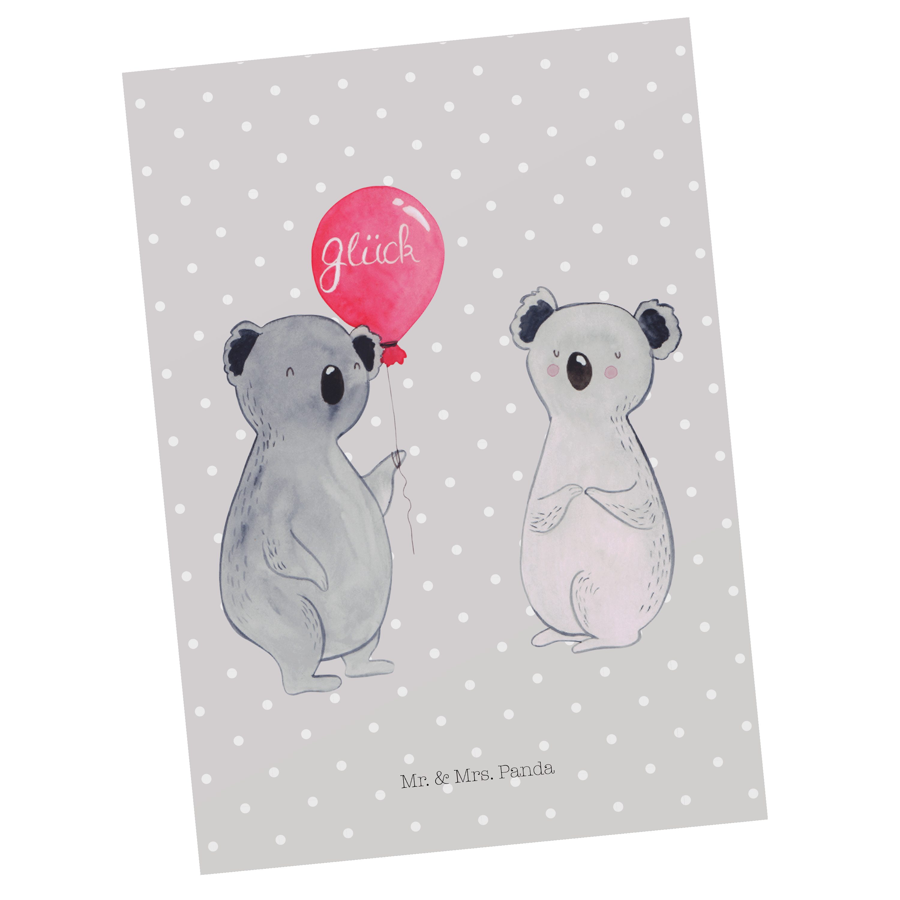 Mr. & Mrs. Panda Postkarte Koala Luftballon - Grau Pastell - Geschenk, Einladungskarte, Geschenk