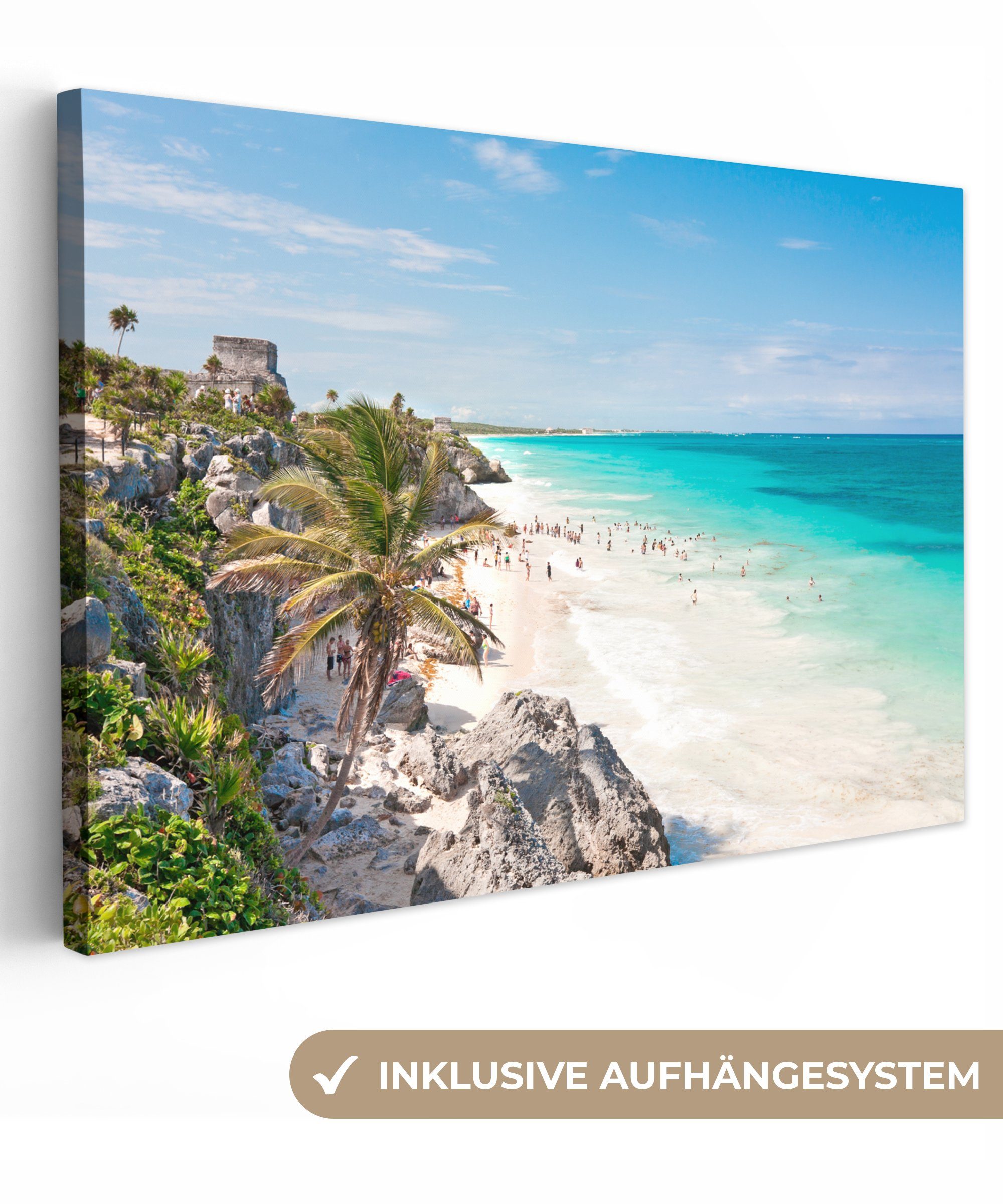 OneMillionCanvasses® Leinwandbild Blick auf 30x20 Strand den Leinwandbilder, Tulum Aufhängefertig, von Mexiko, cm in Wanddeko, (1 St), Wandbild