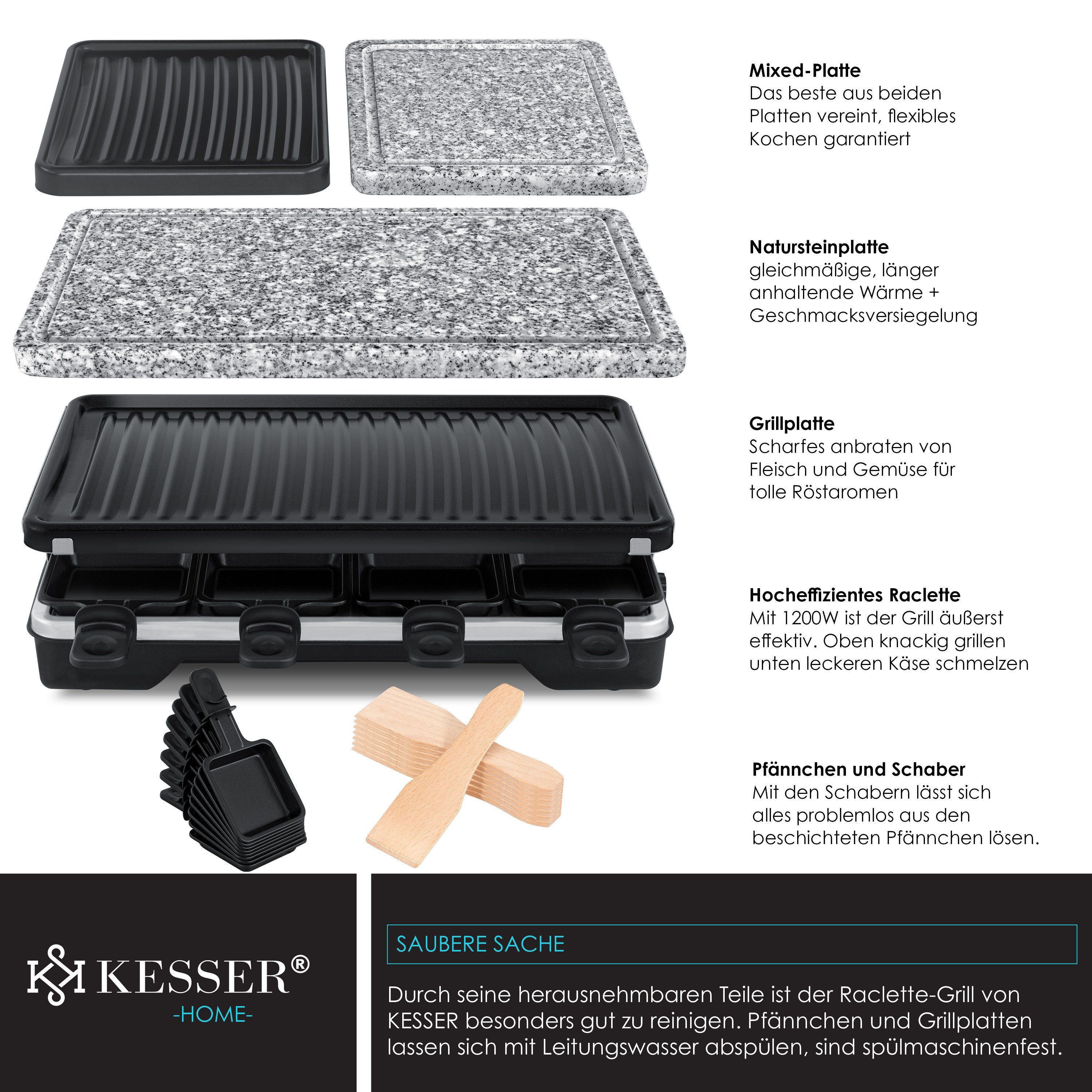 KESSER Raclette, 8 Raclettepfännchen, 1200 W, Raclette-Grill mit Naturgrillstein, Grillplatte Tischgrill