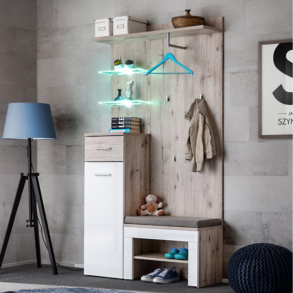 Lomadox Garderobenschrank GALLIPOLI-164 Kommode mit Ablageböden, LED-Beleuchtung, Eiche und weiß Hochglanz